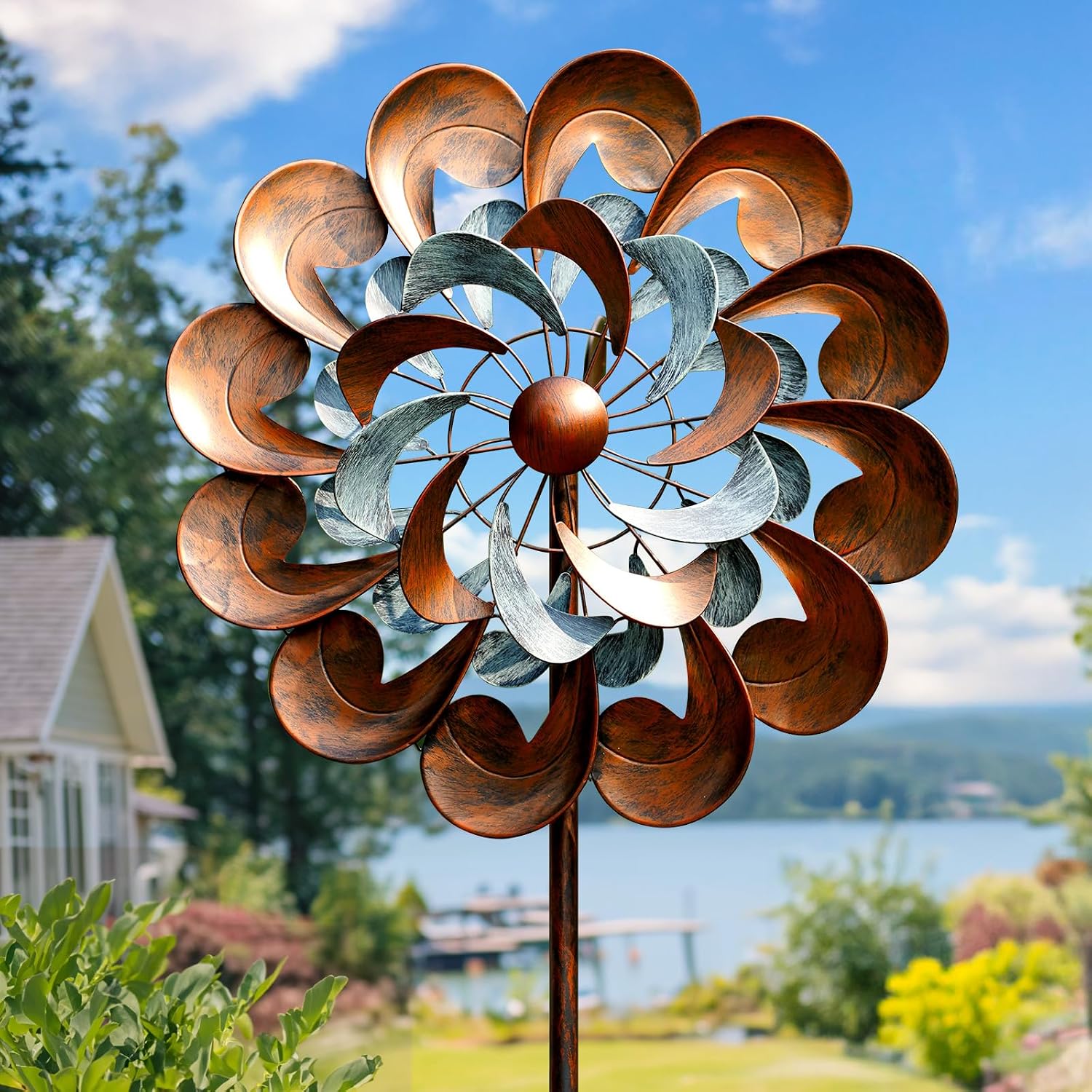 Pure Echo Large Wind Spinners Outdoor – 84″ H Kinetic Metal Garden Decor | Decorative Yard Garden Kinetic Wind Spinner with Stake, Spins Easily, Weather Resistant, Gift Idea for Birthday, Retro Copper