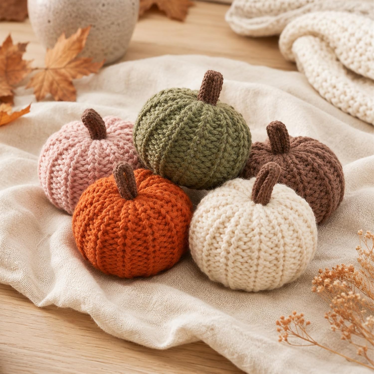 RAINFLOW Mini Knitted Pumpkin Cozy Set of 5 Knit Pumpkins for Fall Decor | Handmade Autumn Table Centerpiece, Crochet Pumpkin Decoration for Thanksgiving, Halloween Farmhouse Tier Tray & Home Decor
