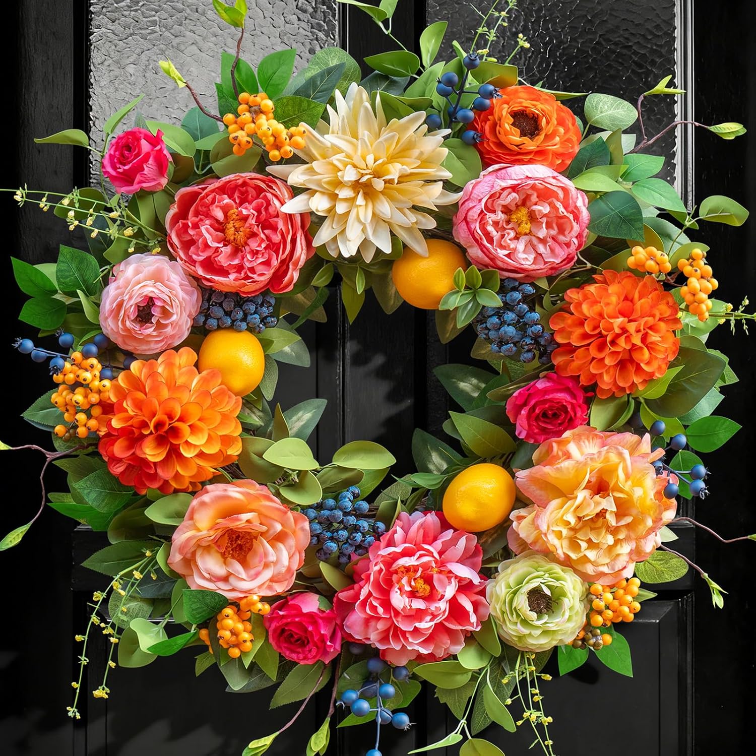 Spring Wreaths for Front Door Outside,24 Inch Summer Wreath with Peony, Dahlia, Hydrangea, Faux Lemons, Berries and Greenery, Colorful Spring Door Wreath for Outdoor Decor