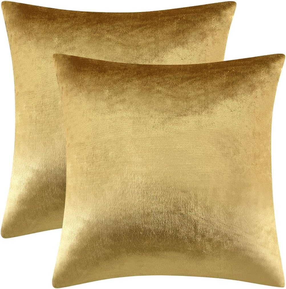 GIGIZAZA Gold Velvet Pillow Covers 18×18 Decorative Pillows Pack of 2 | Throw Pillows for Couch Sofa,300gsm Soft Textured Fabric,Modern Square Accent Pillowcases,Luxury Cushion Covers