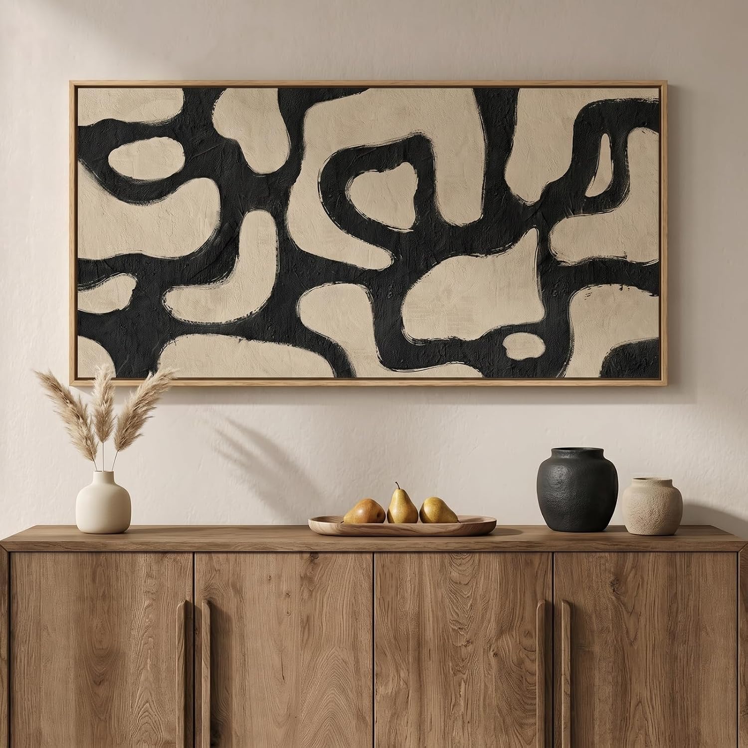 Framed Neutral Horizontal Abstract Wall Art for Living Room, Extra Large Black and Beige Modern Painting Print, Mid Century Canvas Artwork for Dining Room Bedroom Hallway Office Walls Decor, 30×60 Inch
