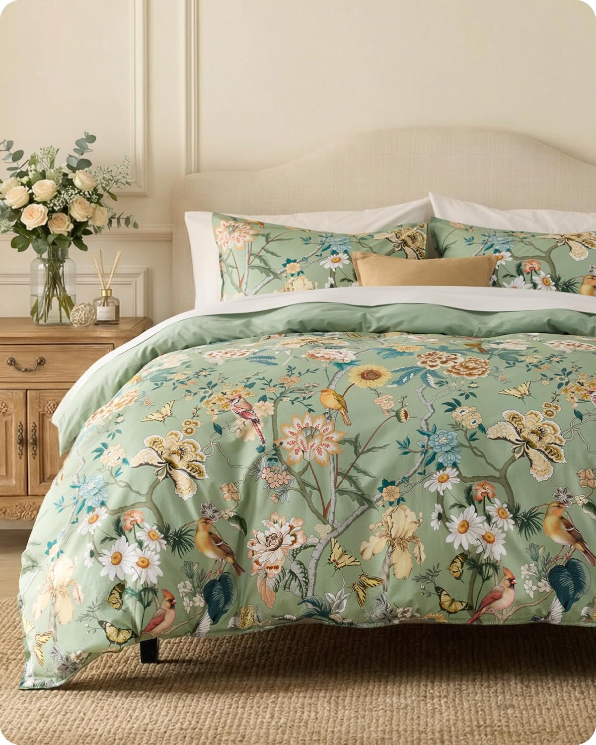 Bedsure PureWoven 100% Cotton Floral Duvet Cover Set, King, Green Garden | Reversible, Soft, Breathable, Zipper Closure, 8 Interior Ties, Machine Washable, 3 Pieces with 2 Pillow Shams, 104″ X 90″