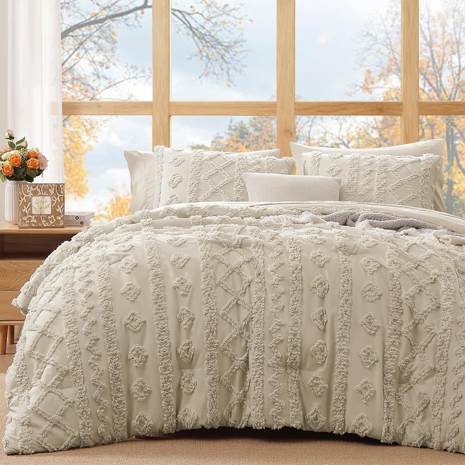 Queen Size Comforter Set- 7 Pieces Tufted Bed in a Bag Queen Bedding Sets | All Season Shabby Chic Boho Bedding with Comforter, Sheets, Pillowcases & Shams, Beige