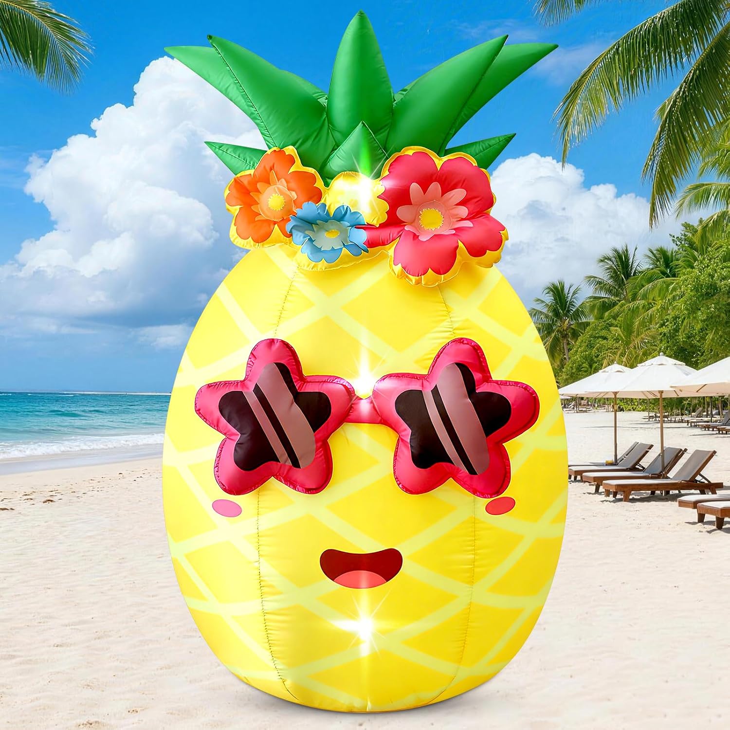 5FT Summer Inflatable Pineapple Outdoor Decor, Blow Up Pineapple Built-in LED Lights, Giant Inflatable Decorations for Tropical Pool Beach Party Photo Backdrop Yard Lawn Hawaiian Luau Party Supplies