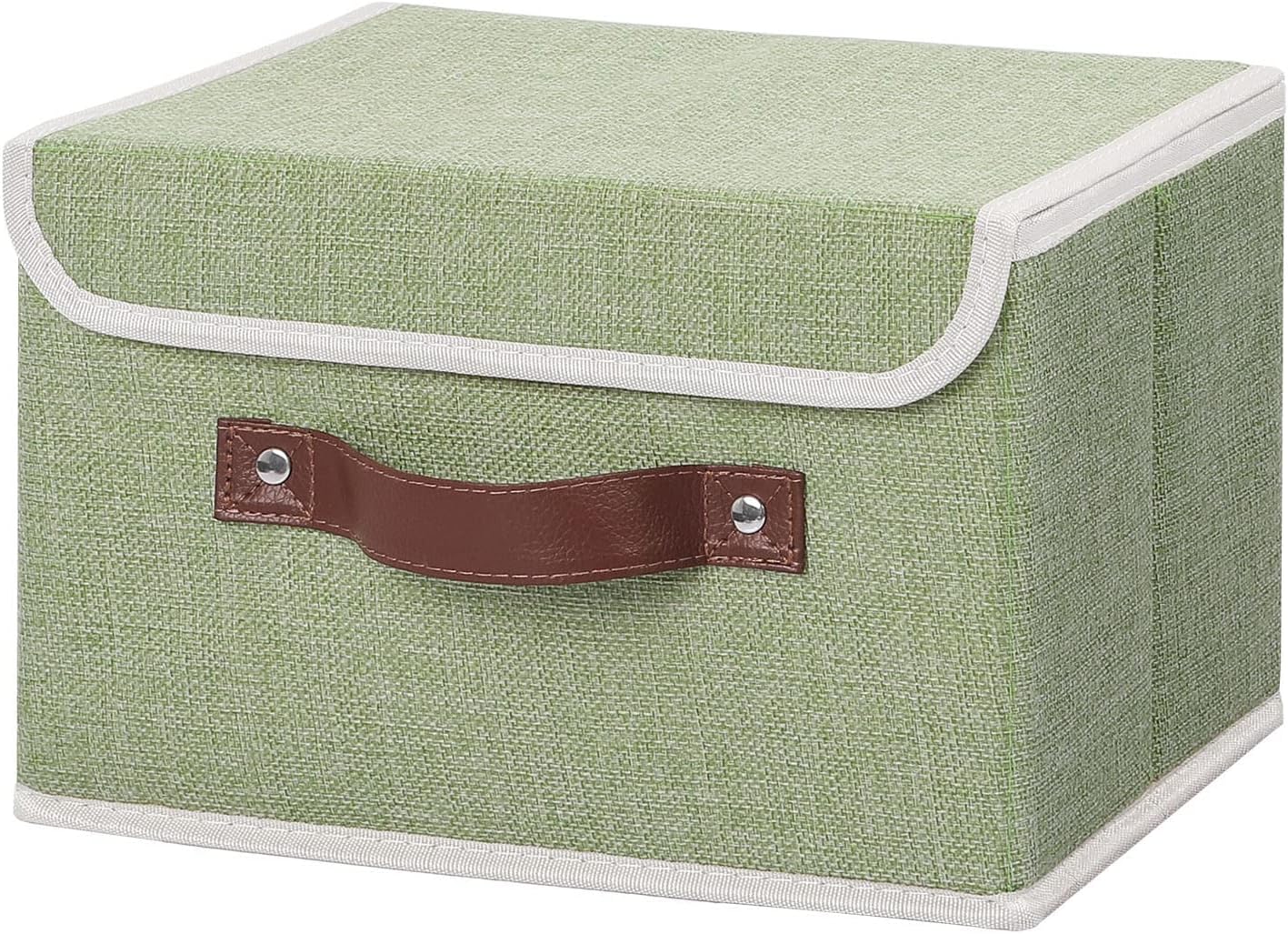 ANMINY Fabric Storage Box Bins with Lids, Green, 10″x8″x7″ | Keepsake Memory Storage, Cotton Linen, PP Board Reinforced, Washable, PU Handles, Foldable & Stackable, Decorative, Small