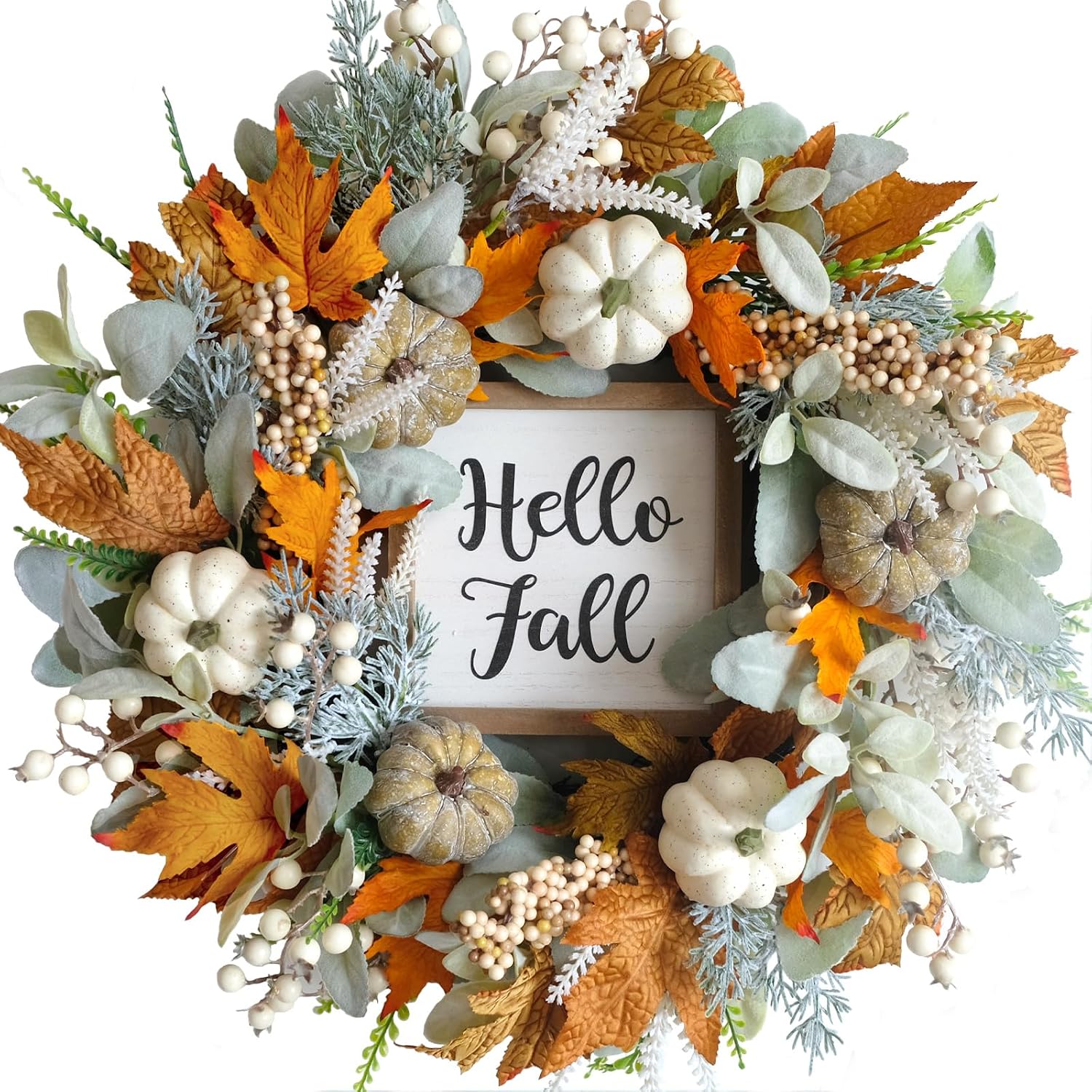20inch Thanksgiving Fall Wreath, Eucalyptus Berries Pumpkins Lamb Ears Leaves Autumn Wreaths for Front Door, Fall Decor, Porch Wall, Home Outdoor Holiday Decorations Wreath for Autumn