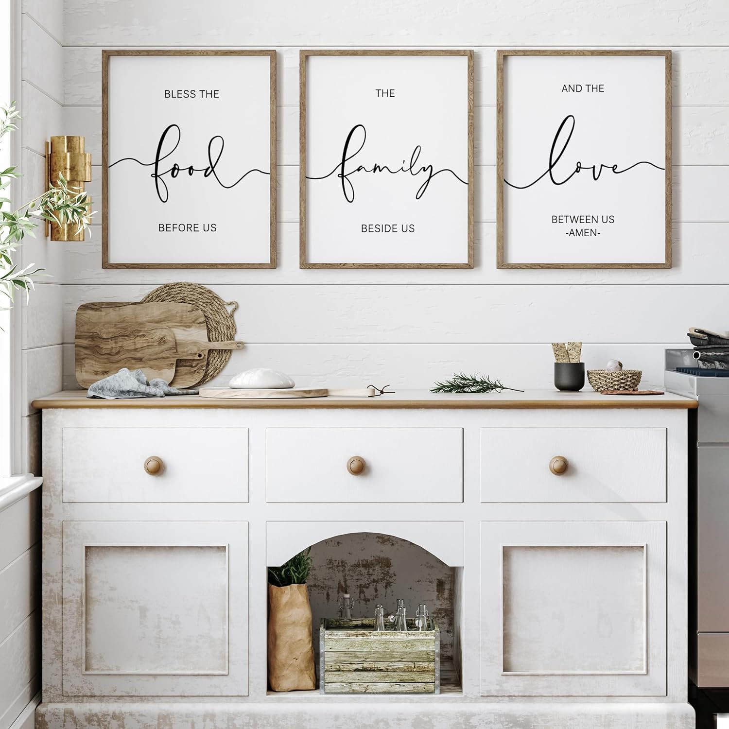 Heiple Set of 3 Framed Farmhouse Bless The Food Before Us Sign Kitchen Wall Decor for Dining Room Decor Wall Art Wood Signs (Brown,11″x14″)