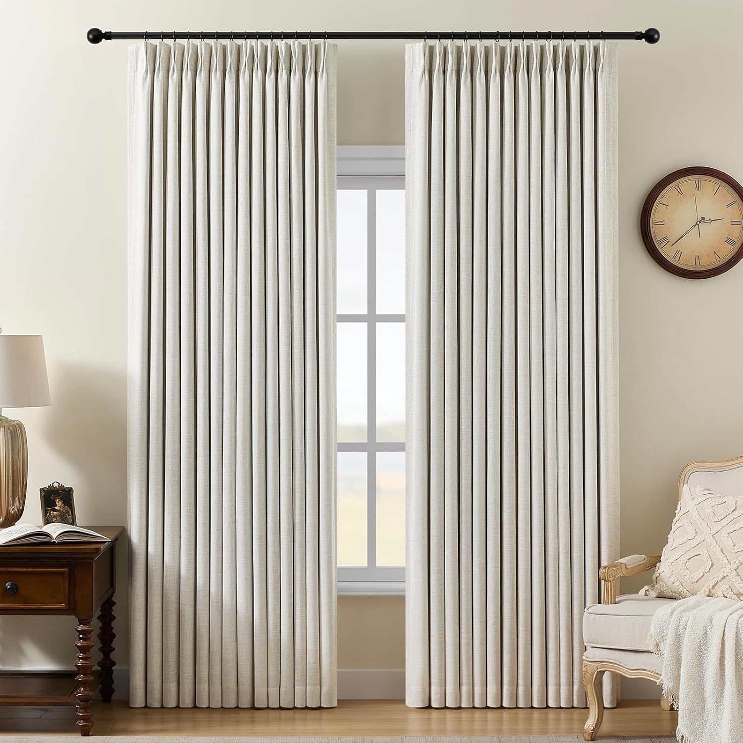 Pinch Pleated Curtains 100% Blackout Linen Curtains 95 Inches Long for Bedroom Living Room, Natural Memory Trained Thermal Insulated Room Darkening Window Pleat Drapes with Hooks, 2 Panels, 40″Wx95″L