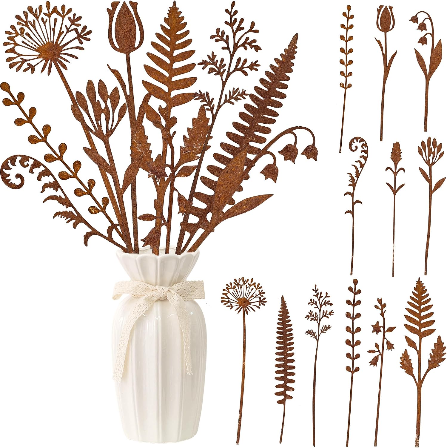 12 Pieces Rustic Metal Flowers and Plants Garden Stakes Rusty Plant Shaped Decoration Fern Leaf Decor for Flower Arrangements Potted Plants Patio Lawn Yard Walkway and Outdoor Courtyard Decoration