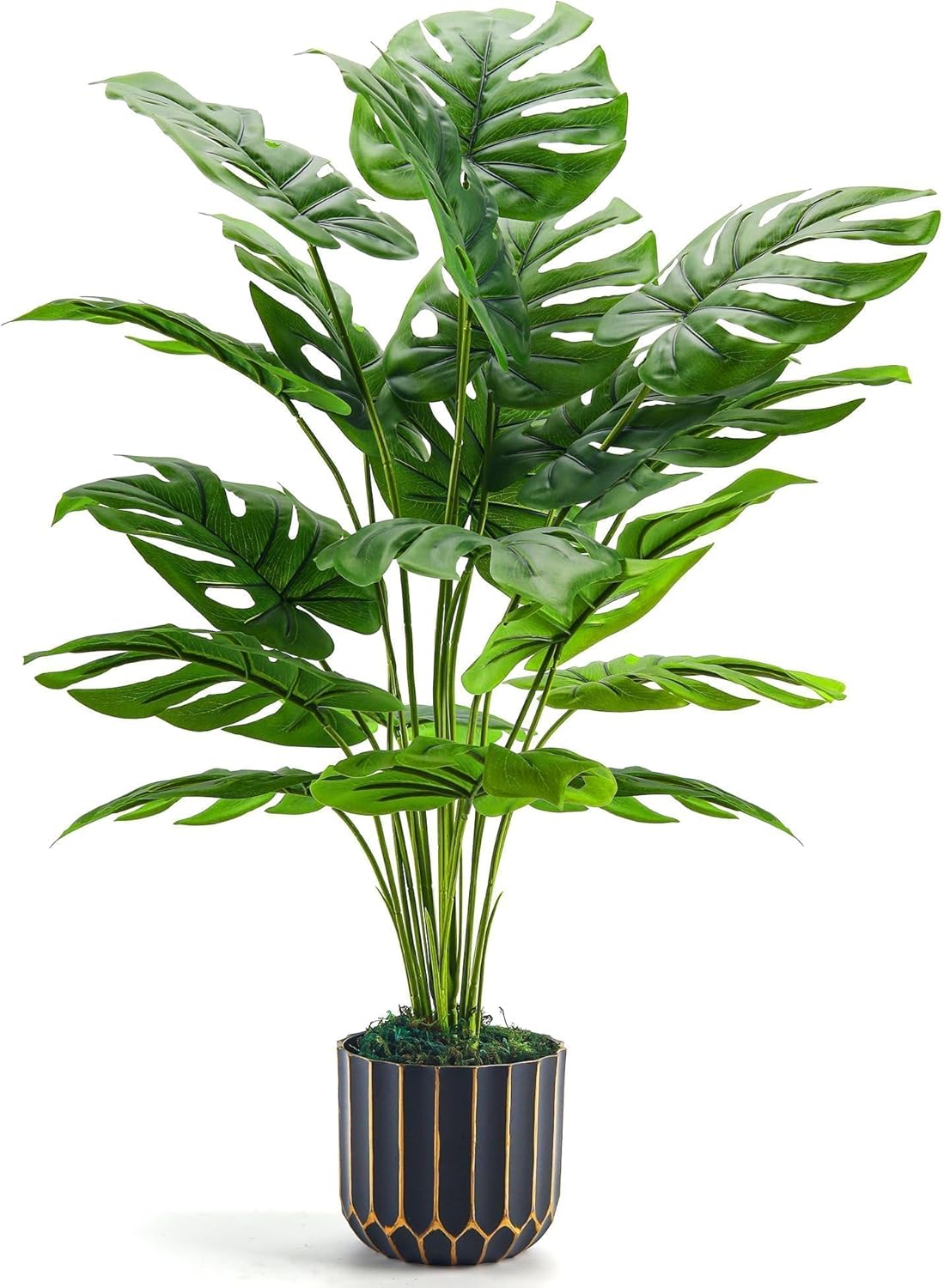 Der Rose 28″ Fake Plants, Monstera Plant in Black Gold Pot for Home Decor | Artificial plants indoor add refined tropical greenery to modern offices, elegant entryways, reception areas and house decor