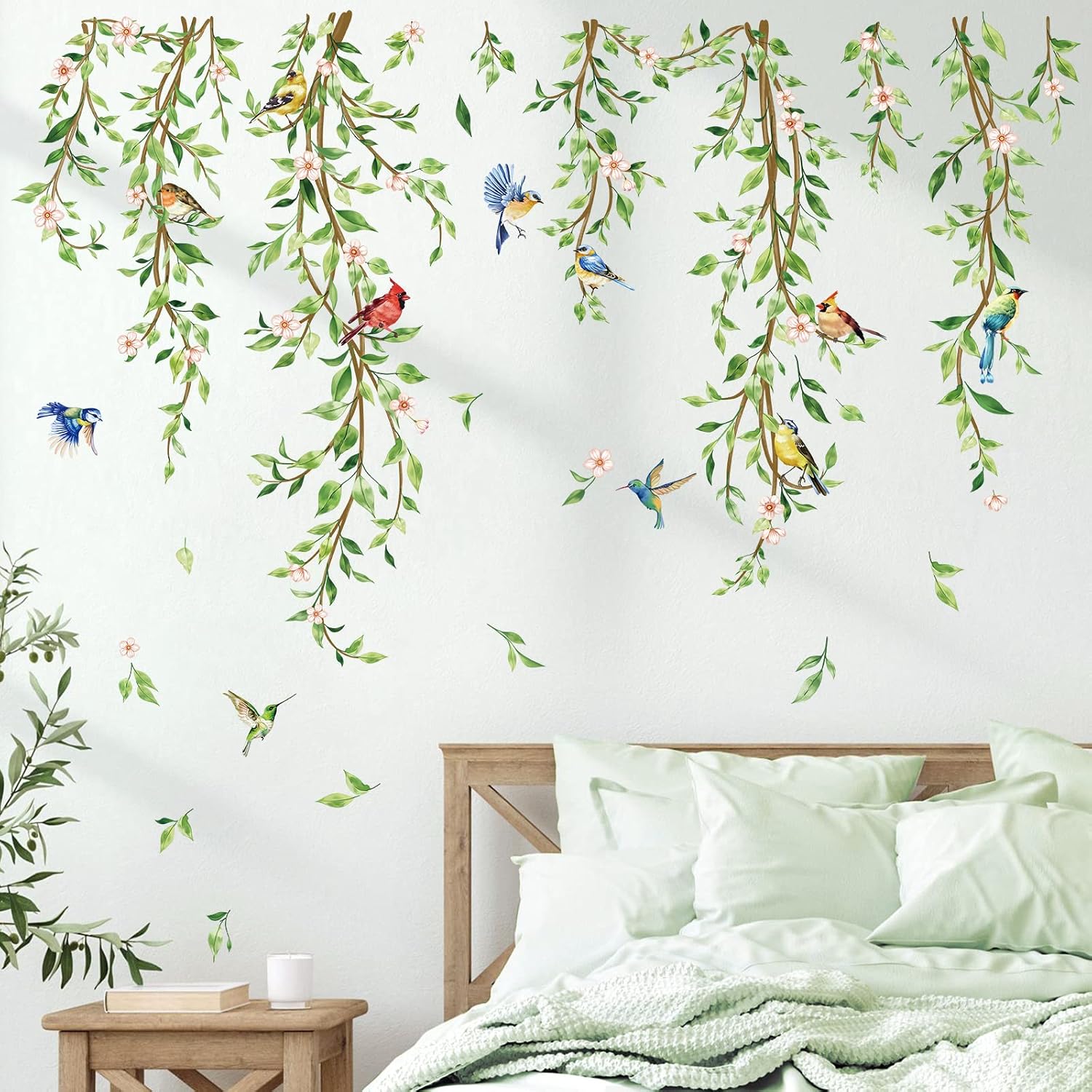 decalmile Green Vine Plants Leaves Birds Sofa TV Wall Decals Stickers