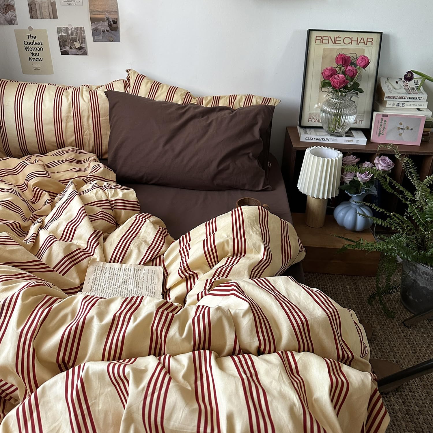 mixinni Retro Striped Duvet Cover Set King – 100% Natural Cotton 3-Piece Vintage Red Stripes Pattern Printed Bedding Set, Soft Breathable Comforter Cover with Zipper Closure & Corner Ties, King Size
