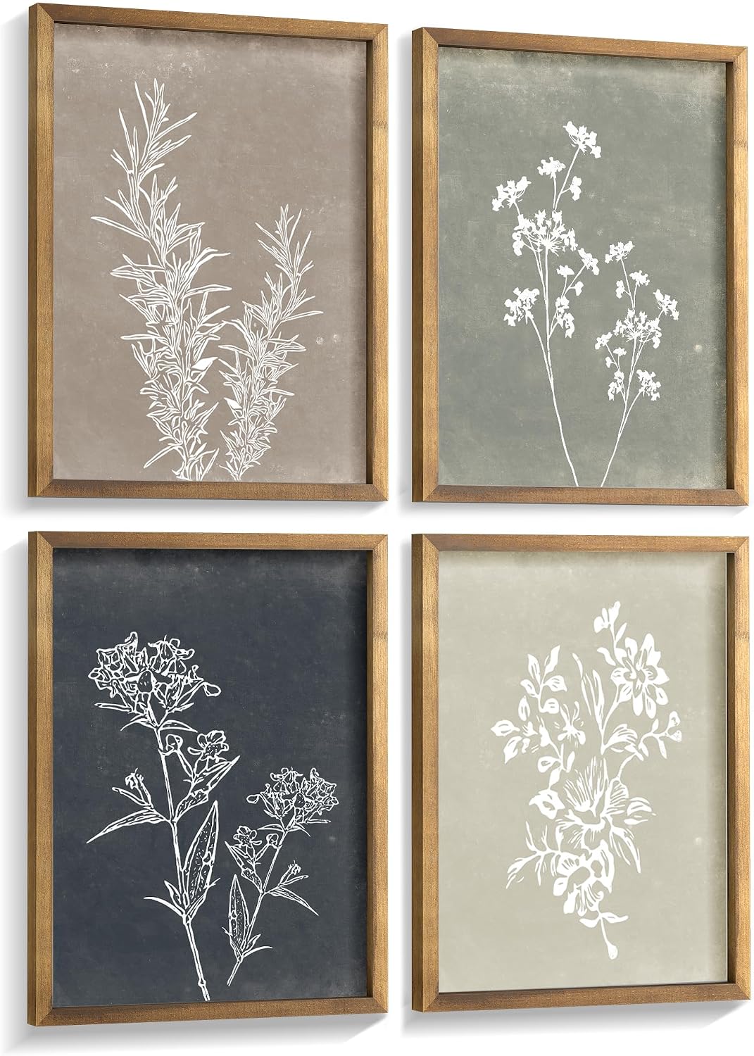 Framed Boho Wall Art Set of 4 for Wooded Minimalist Botanical Print Wall Art for Rustic Vintage Farmhouse Home Kitchen Wall Decor (Brown, 11×14)