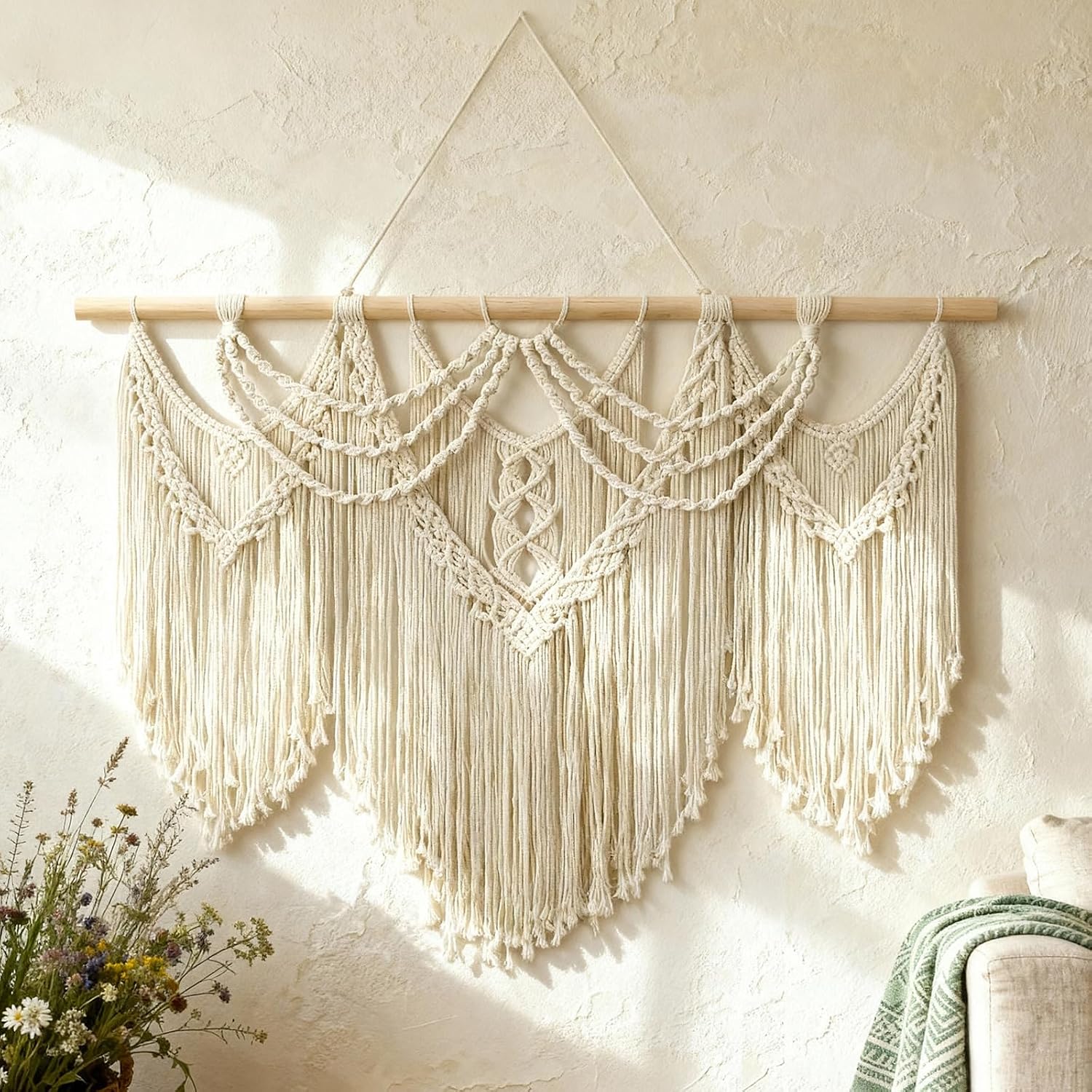 Tempospark Macrame Wall Hanging, 43″x32″ Boho Wall Tapestry, Large Wall Art for Bedroom, Living Room, Dining Room, Nursery, Gallery, Office (Tassel)