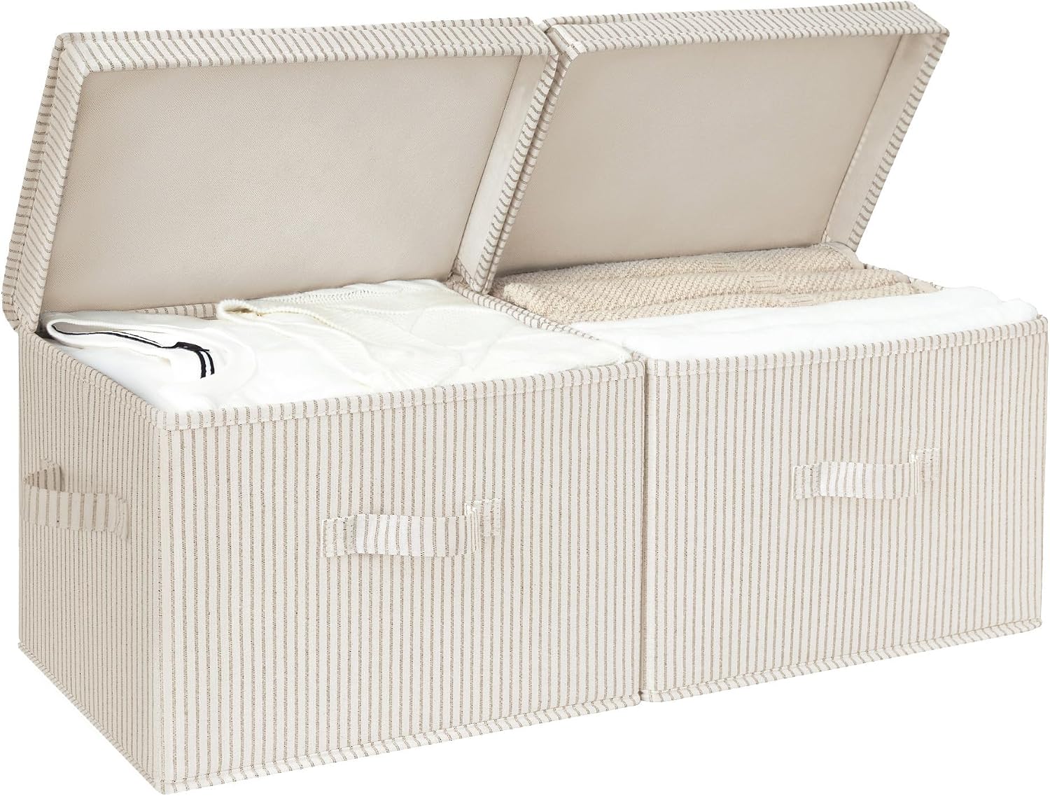 StorageWorks Fabric Storage Bins with Lid, Decorative Storage Boxes for Shelves, Stackable Closet Organizer Basket with Handles, Large, Khaki and Beige Stripes, 2-Pack