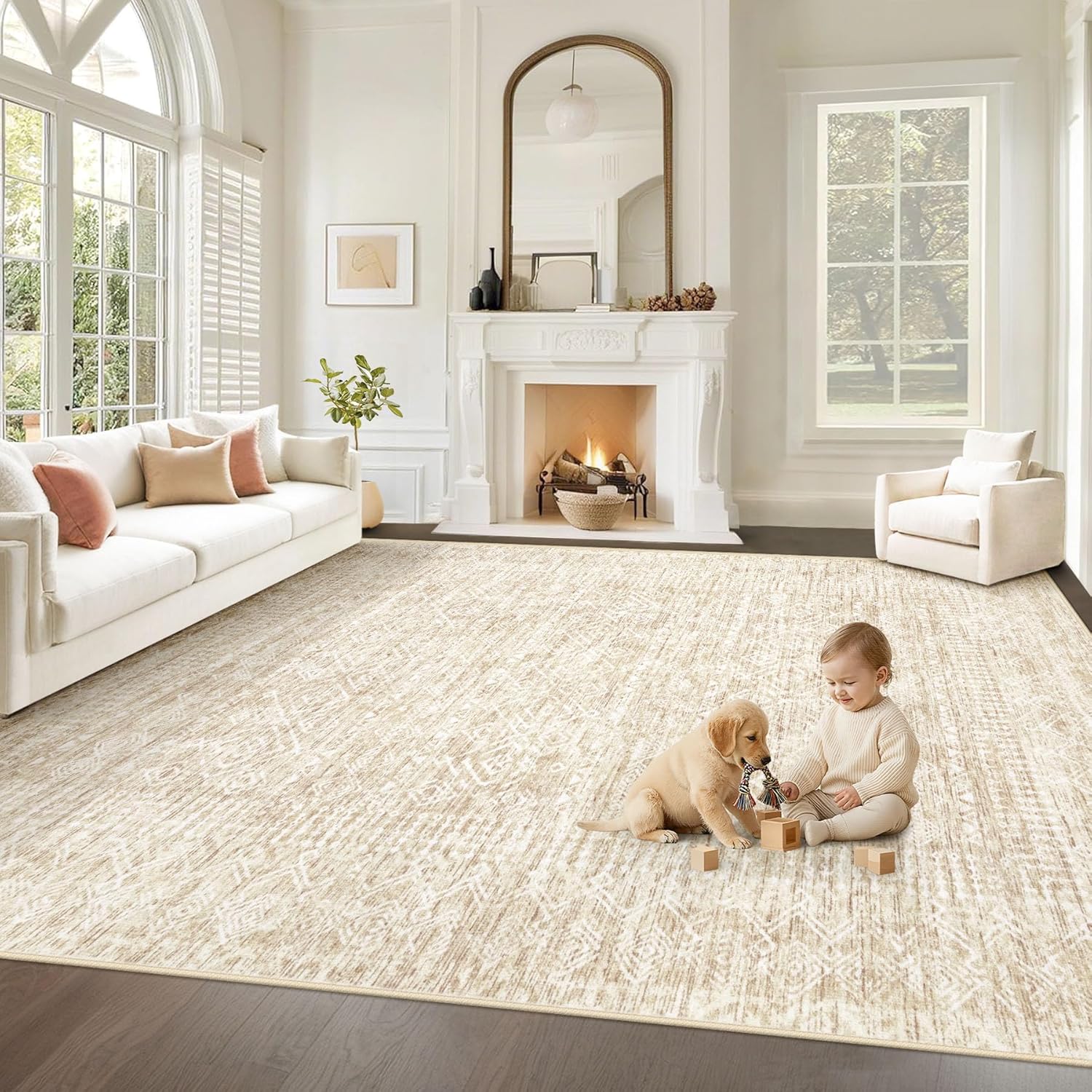 Living Room Rugs 8×10: Washable Moroccan Geometric Boho Rug Farmhouse Non Slip Stain Resistant Large Rug Low Pile Soft Carpet for Bedroom Dining Room Children Room (Beige,8’x10′)