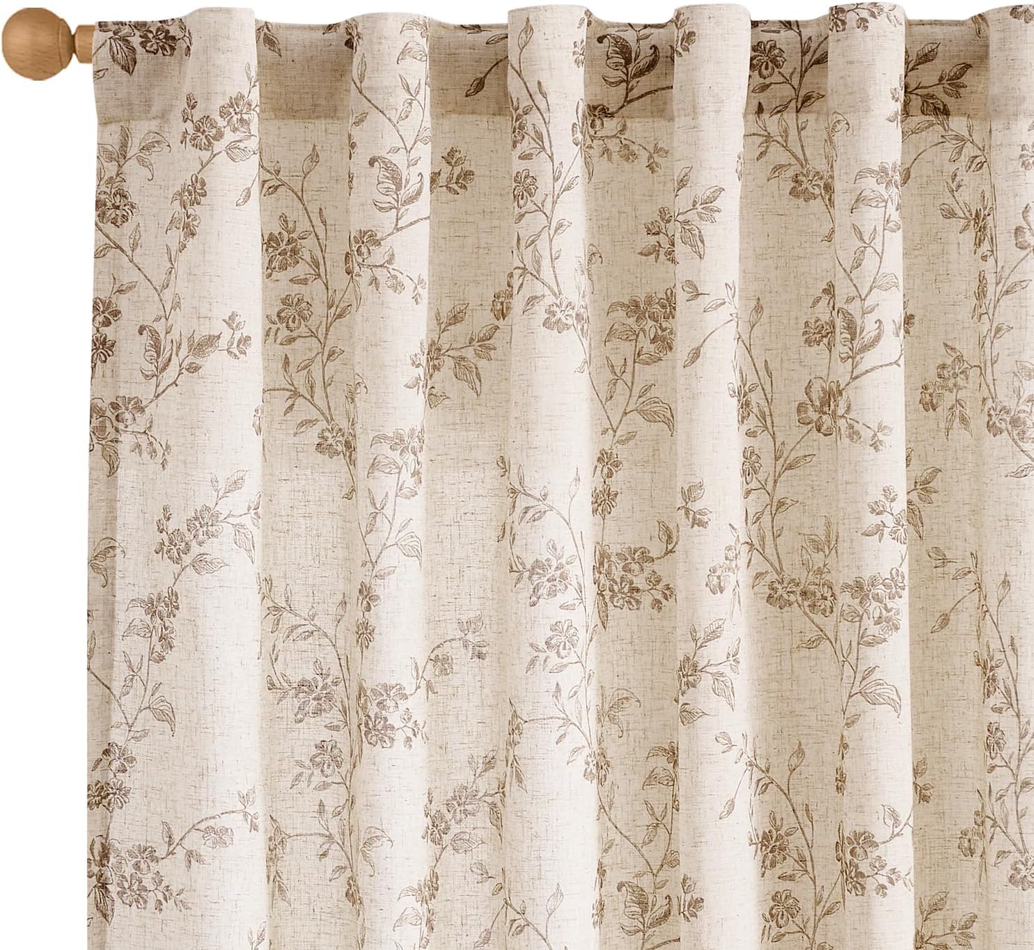 Lazzzy Taupe Vintage Floral Linen Curtains Farmhouse 50W X 84L 2 Panels | Elisa Series, Botanical, Light Filtering, Rustic, Toile, Curtains for Bedroom, Play Room and Nursery, Rod Pocket, Back Tab