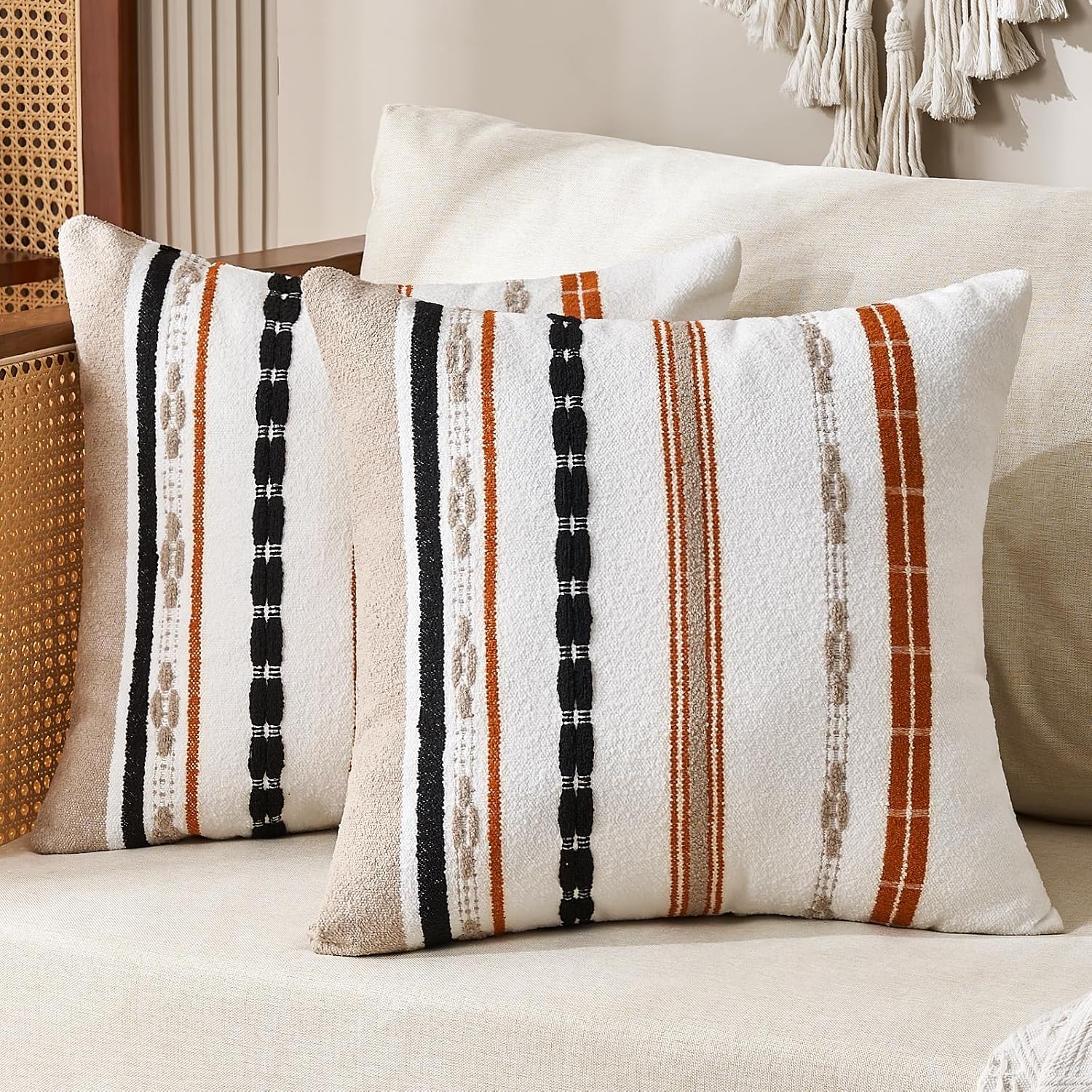 Boho Pillow Covers 18×18 Square Farmhouse Decorative Cushion Case Striped Square Cushion Cover Cozy Soft Neutral Throw Western Pillows Protector Modern Decorative for Couch Sofa Bed, Set of 2