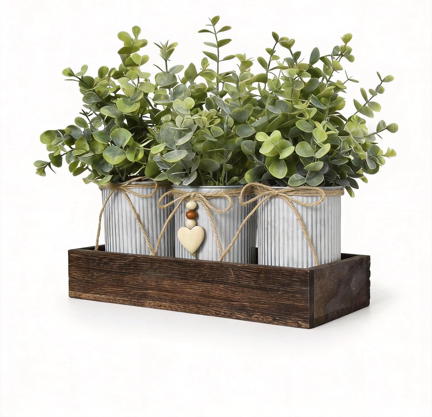 Rustic Farmhouse 3-Piece Artificial Eucalyptus Centerpiece – Wooden Tray with 3 Galvanized Metal Pots & Faux Greenery – Table Decor for Dining Room, Kitchen, Living Room, Bathroom, Office