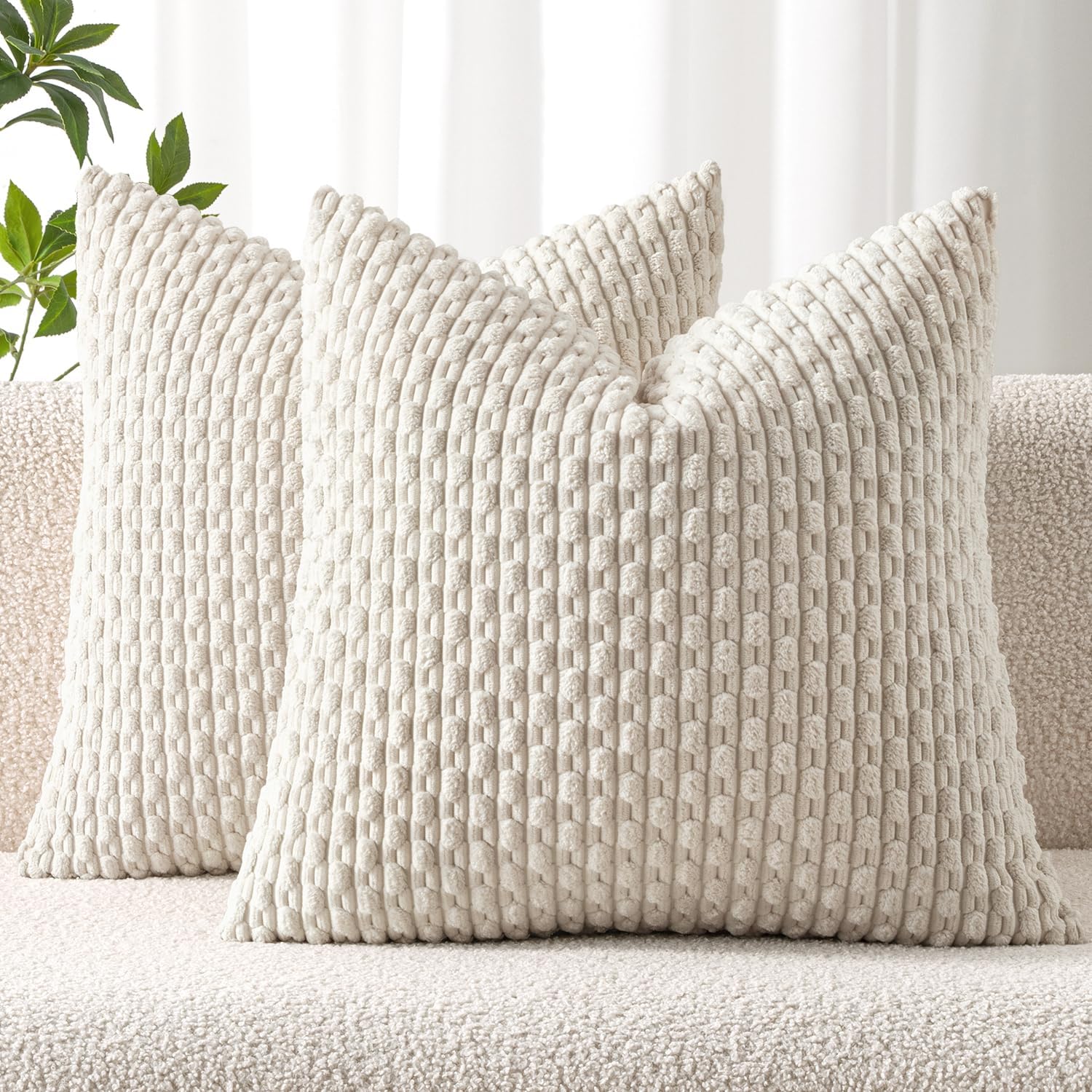 MIULEE Pack of 2 Decorative Throw Pillow Covers 18×18 Inch Soft Boho Striped Textured Corduroy Pillow Covers Modern Farmhouse Home Decor for Couch Bed Sofa Living Room Cream White