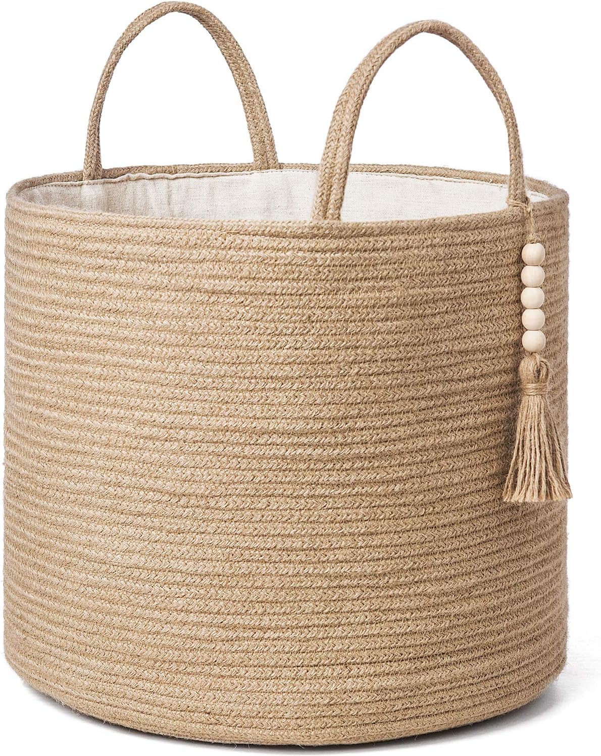 Mkono Woven Storage Basket Decorative Natural Rope Basket Wooden Bead Decoration for Blankets,Toys,Clothes,Shoes,Plant Organizer Bin with Handles Living Room Home Decor, Jute, 16″ W × 13.8″L