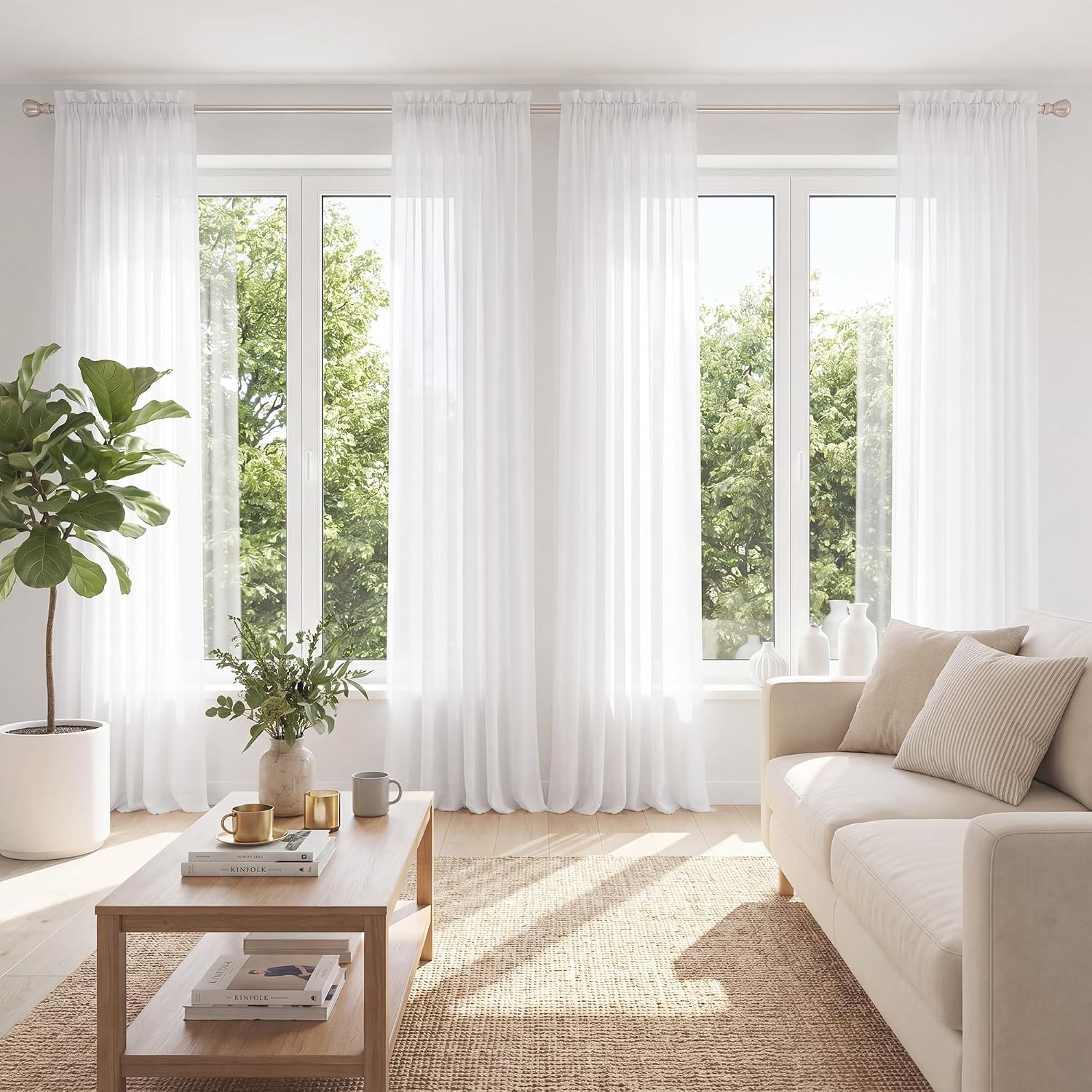 PONY DANCE 4 Panels White Sheer Curtains 96 Inches Long, Rod Pocket Light Filtering Voile Window Drapes for Living Room & Bedroom, Airy Soft Breathable Fabric Window Treatments, W 42″ x L 96″