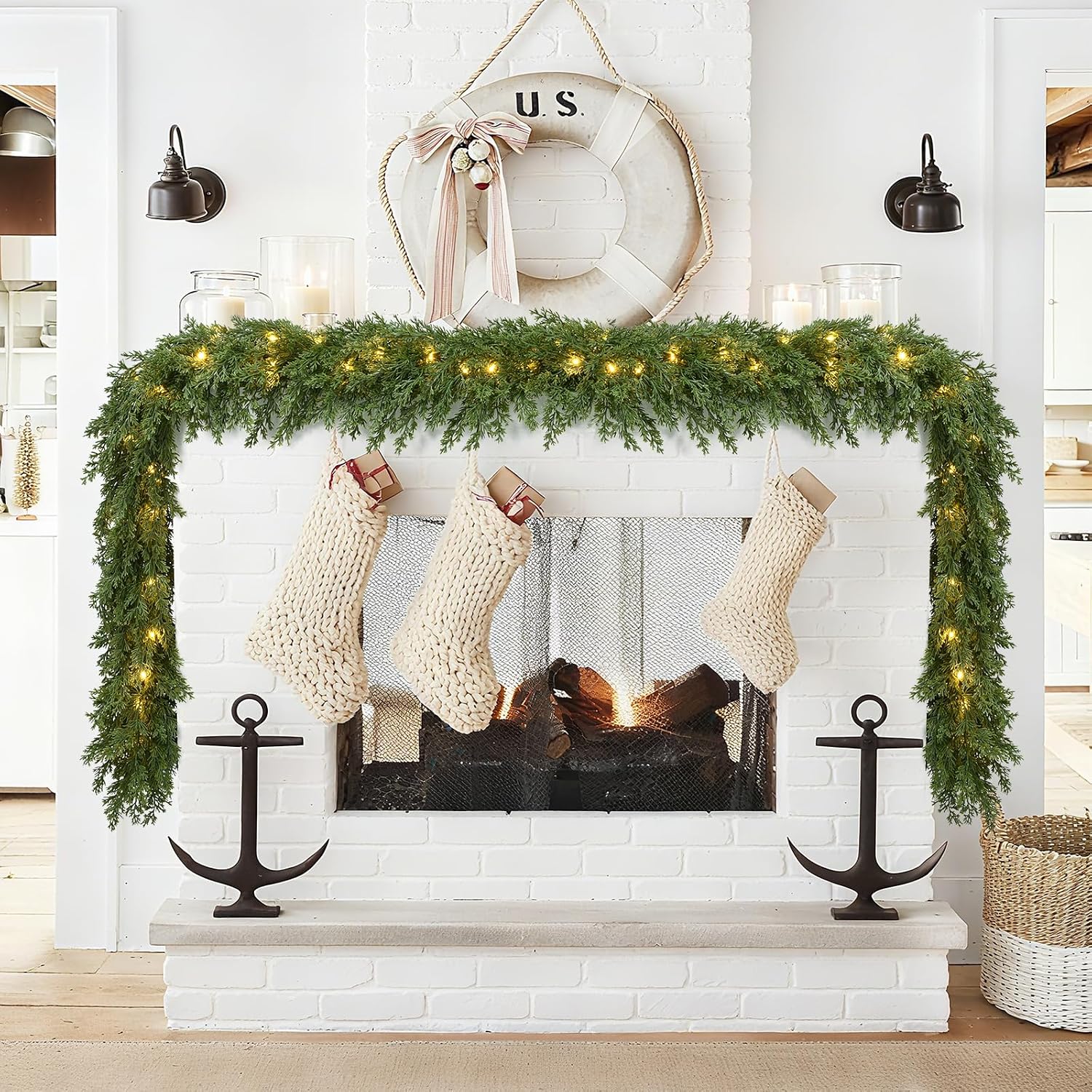 Lvydec Lighted Christmas Pine Garland Decoration, 6ft Realistic Cedar Cypress Garlands Christmas Greenery Garland with Lights for Holiday Mantel Fireplace Table Centerpiece (6ft)
