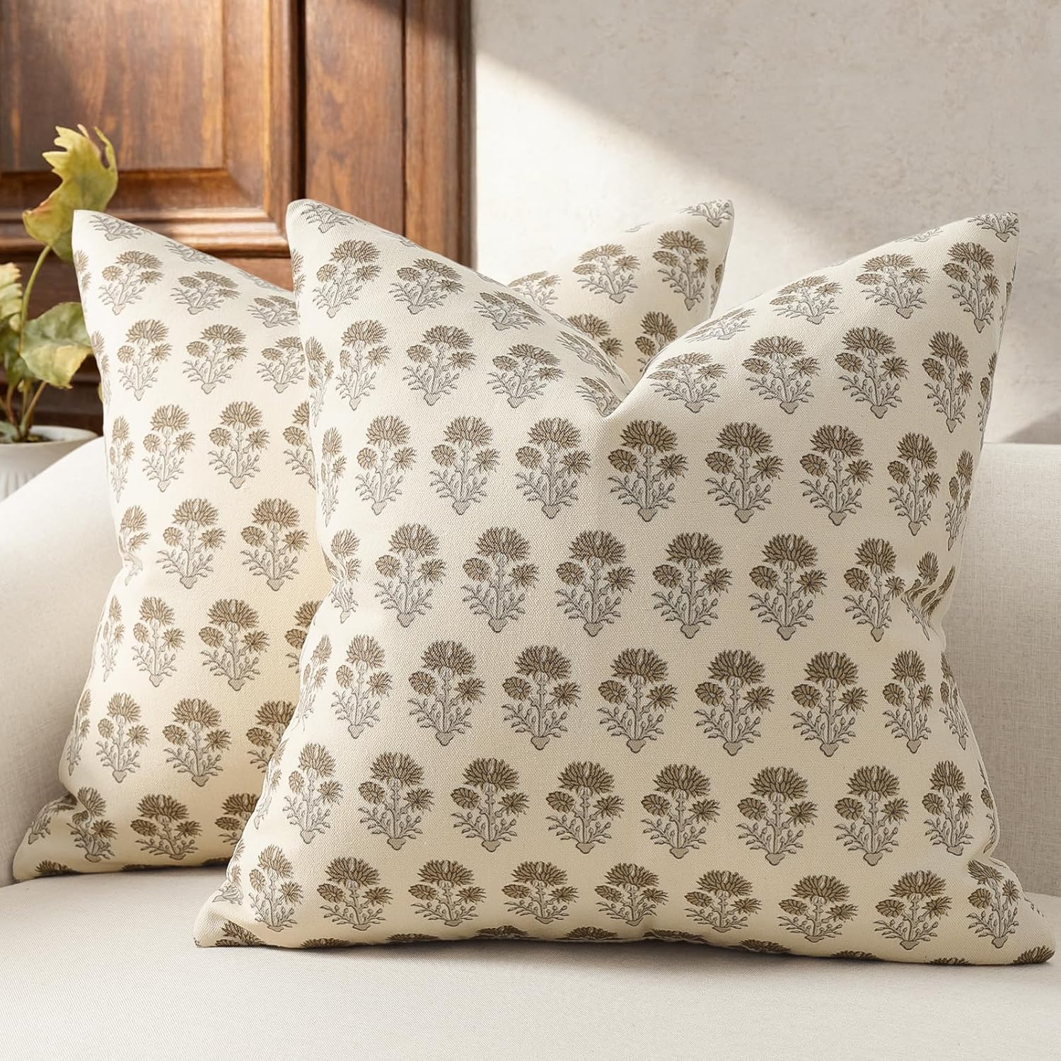Farmhouse Floral Pillow Covers 18×18 Set of 2, Country Botanical Throw Pillow Cover for Sofa Couch Bed Living Room, Rustic Vintage Flower Cushion Covers Cottage Home Decor,Vintage Walnut