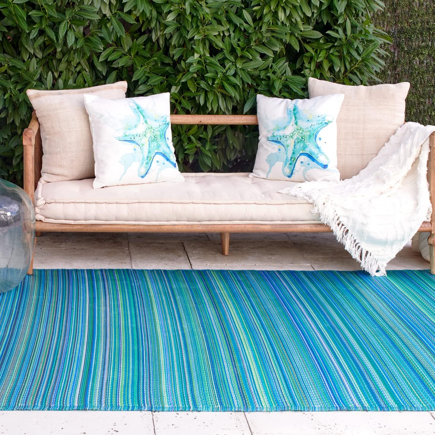 Fab Habitat Outdoor Rug – Waterproof, Fade Resistant, Crease-Free – Premium Recycled Plastic – Striped – Porch, Deck, Balcony, Laundry Room, Patio – Cancun – Turquoise & Moss Green – 3 x 5 ft