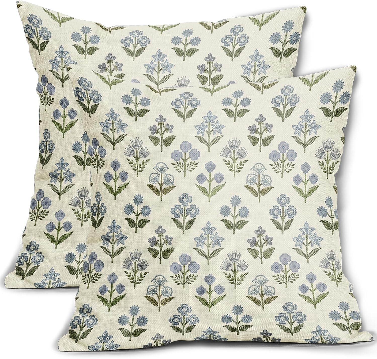 Blue Green Block Print Pillow Covers 18×18 Inch Set of 2, Vintage Floral Spring Decorative Throw Pillow Cases Boho Cushion Covers Rustic Decoration Gift Farmhouse Sofa Couch Bed Decor