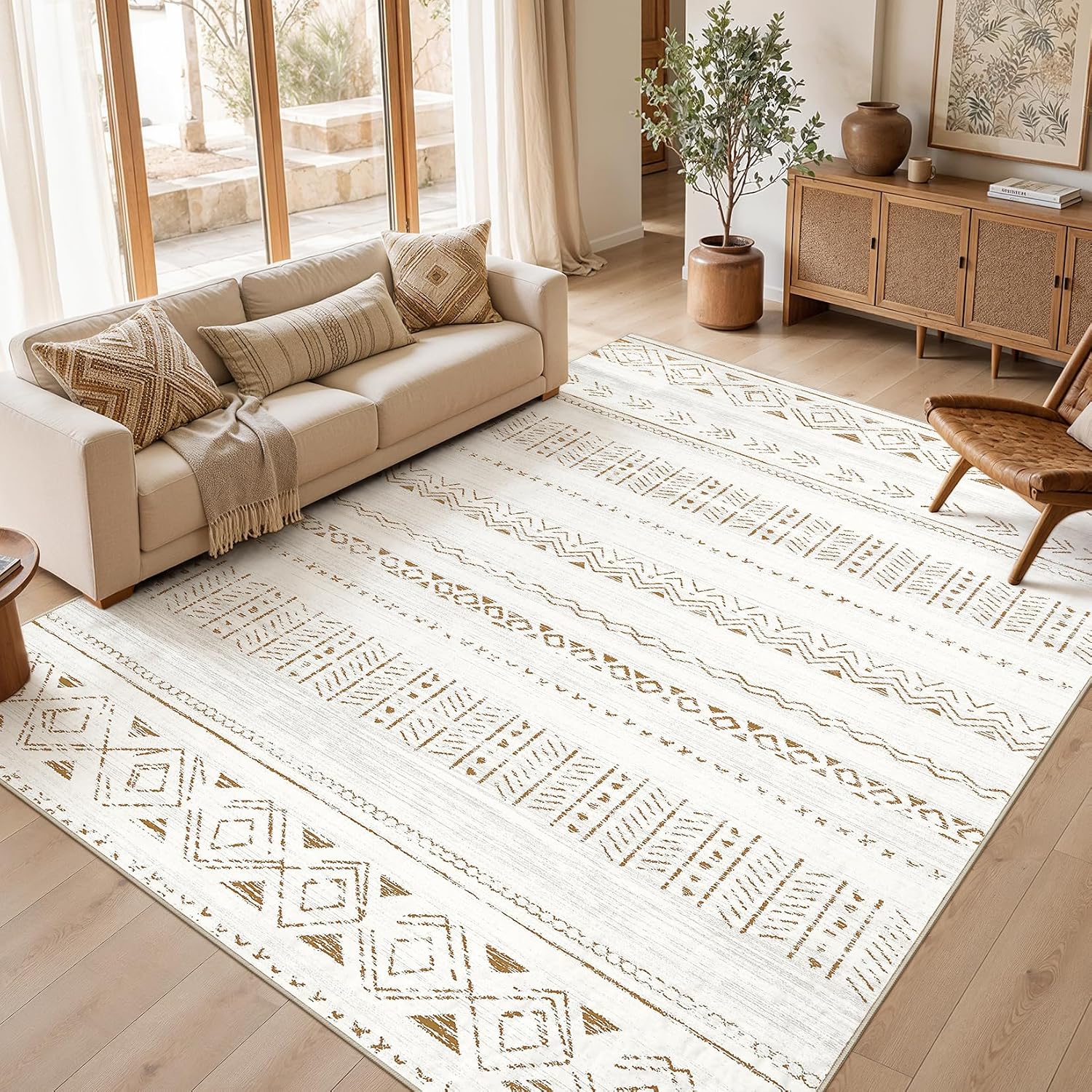 cotiled Boho 8×10 Area Rugs for Living Room: Large Moroccan Washable Rug | Modern Neutral – Stain Resistan Carpet for Bedroom Farmhouse Brown Cream