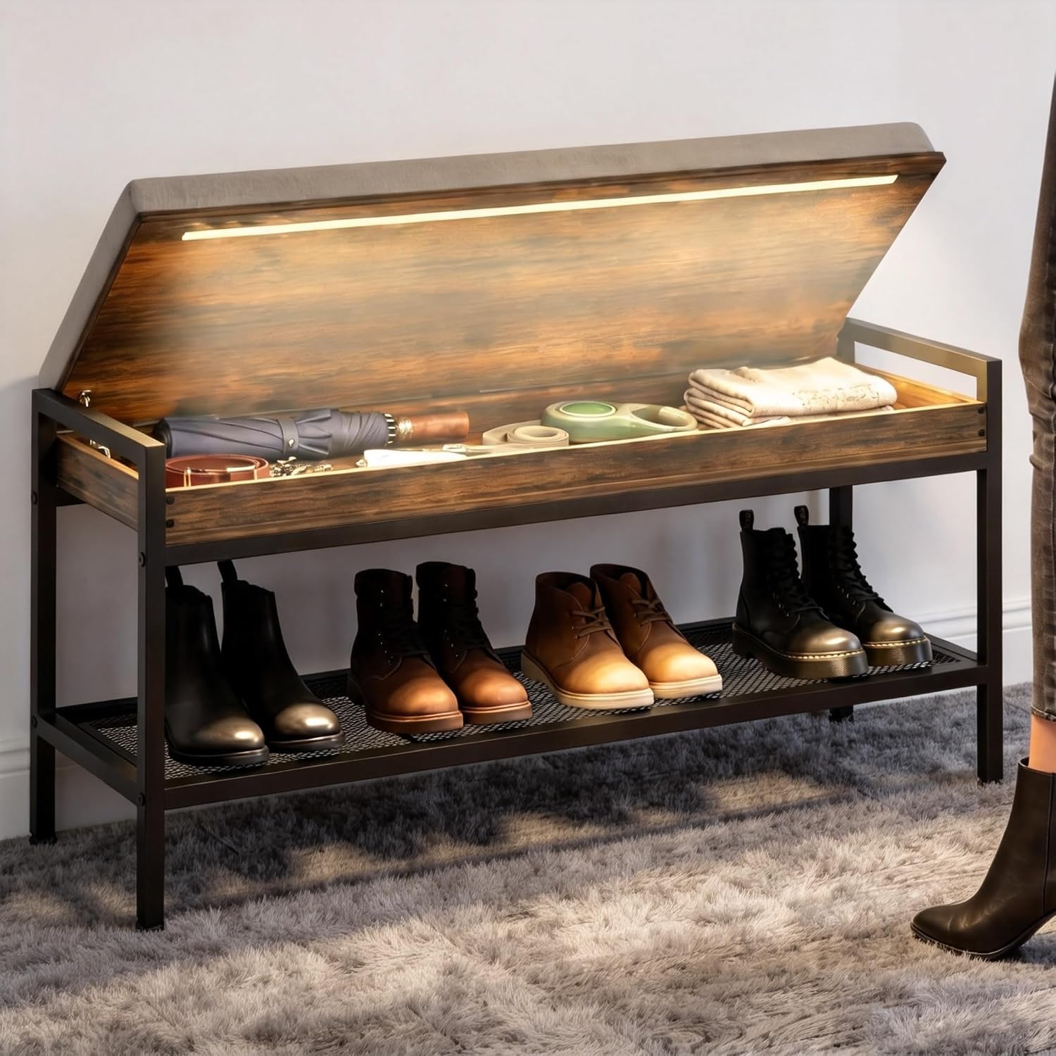 Storage Benches,entryway Bench with Shoe Storage Motion Sensor LED | Light up entryway bench with shoe storage Metal mesh.Fits hallway,entry & bedroom to keep space neat