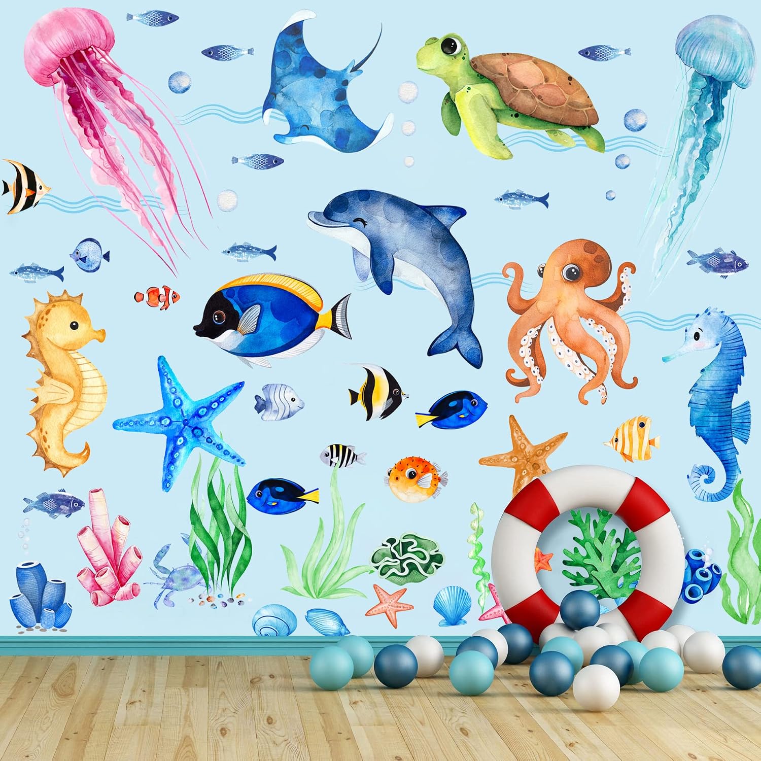 4 Sheets Ocean Fish Wall Decals Stickers Sea Wall Decal Stickers Removable Sea Life Marine Animal Sticker Underwater Ocean Creatures Decor for Kids Girls Boy Nursery Bedroom Bathroom | Vivid Sea Life and Marine Animal Sticker,Removable,Underwater Ocean Creatures,Kids Girls Boys Nursery Bedroom Bathroom Decor