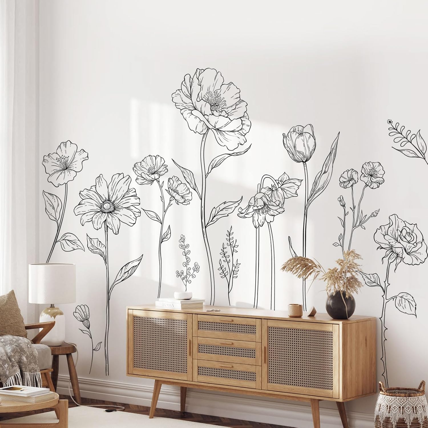 Large Black Boho Flower Wall Decals, 3 Sheets Simple Sketch Floral Wall Stickers Peony Wildflower Peel Stick Wall Art Decor Bedroom Home Room Office Garden Hall Adult Gifts for Mom(11.8×35.4 in/Sheet)