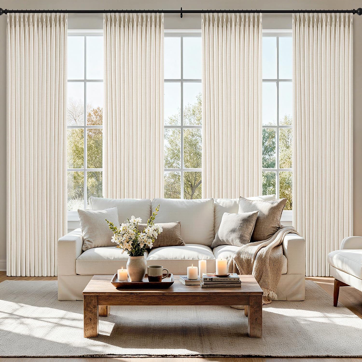 MIULEE Pinch Pleated Thick Linen Curtains 40×90 Inches Birch 4 Panels Set | Ivory Cream, Back Tab, Memory Trained, Pinch Pleat, Semi Sheer, Light Filtering Curtains, Living Room Bedroom Window Drapes