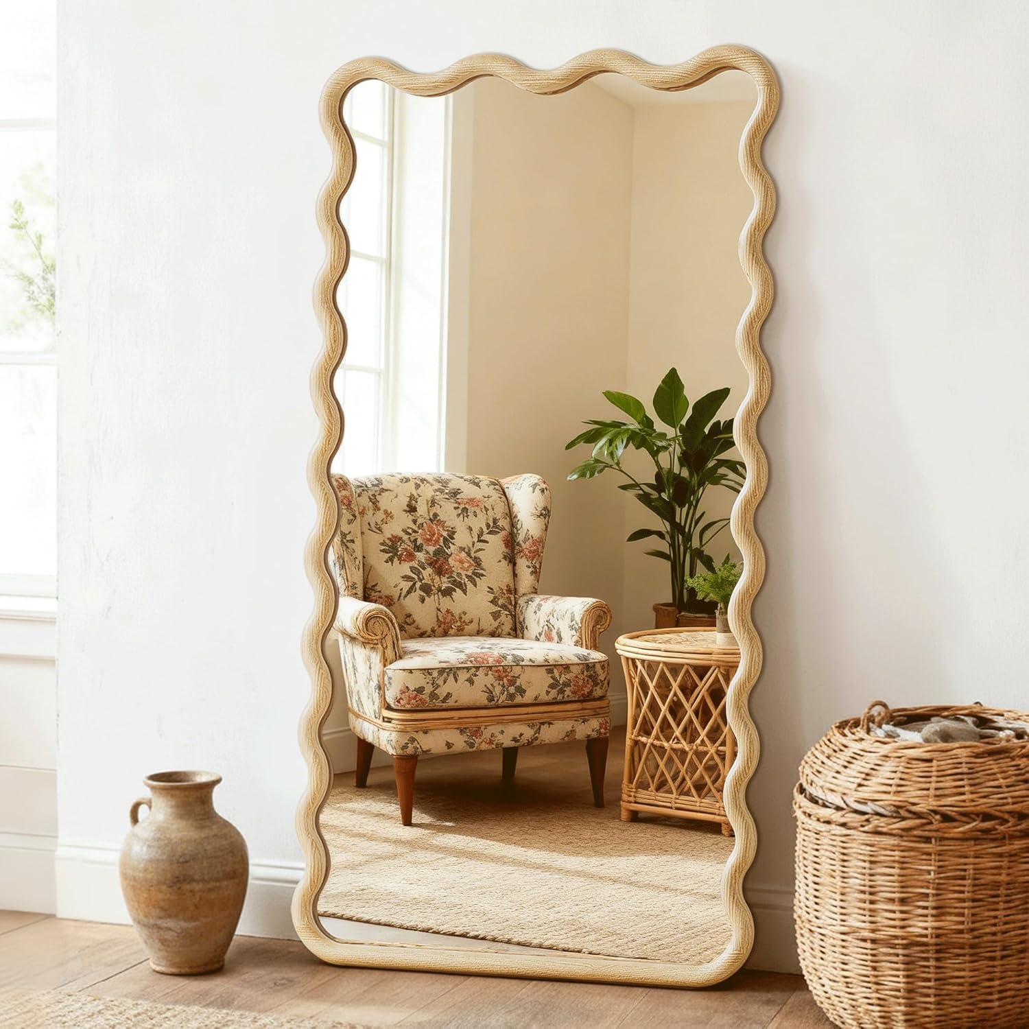 Full Length Mirror, 55”x28” Wavy Wood Floor Mirror for Wall | HD Tempered Glass, Hanging or Leaning Against Wall, Boho mirror for Bedroom, Living Room, Cloakroom, Entryway