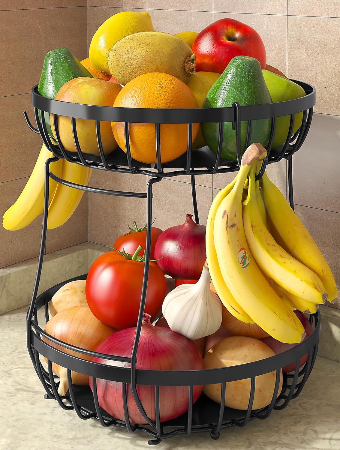 Sevenblue 2 Tier Large Fruit Bowl for Kitchen Counter with 2 Banana Hangers | Sturdy Metal Basket for Fruit, Bread & Onions, Modern Wire Fits Various Styles, Includes Food-Safe Mats to Keep Produce Fresh