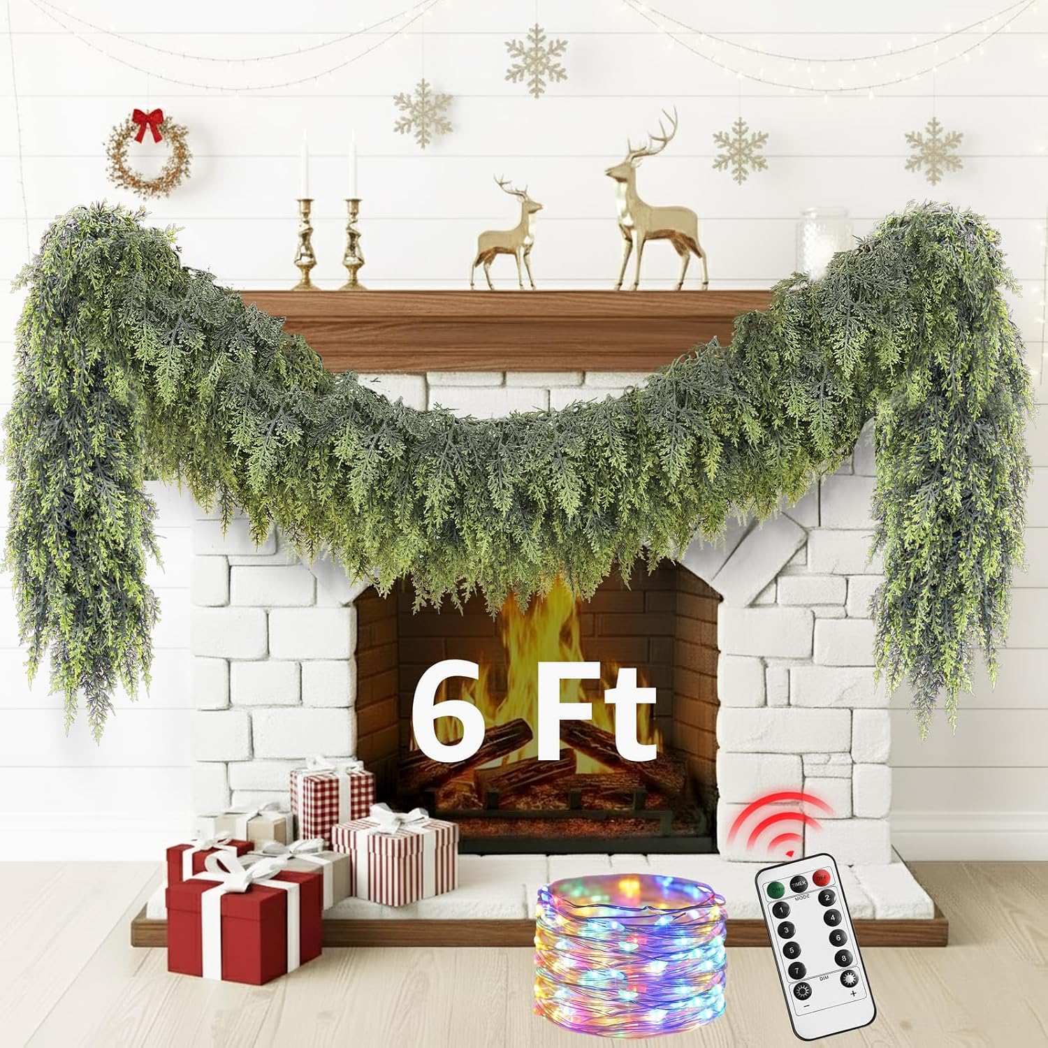 Cedar Christmas Garland with Lights for Mantle – Decorations 6 ft Realistic Lighted Faux Pine Garlands for Xmas Home Decoration Indoor Stairs Railing Fireplace Outdoor 6ft Prelit Garland Door Decor