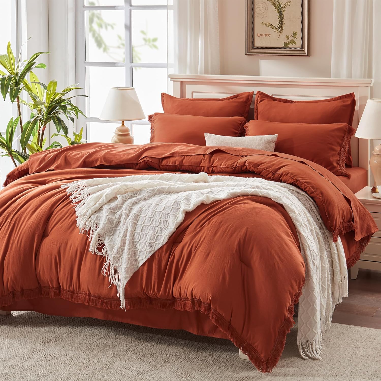 Andency Queen Comforter Set, 7 Pieces Burnt Orange Bedding | Boho Bed in a Bag, Soft Lightweight, Fringe Bed Set with Comforter(90×90), Sheets, Pillowcases & Shams