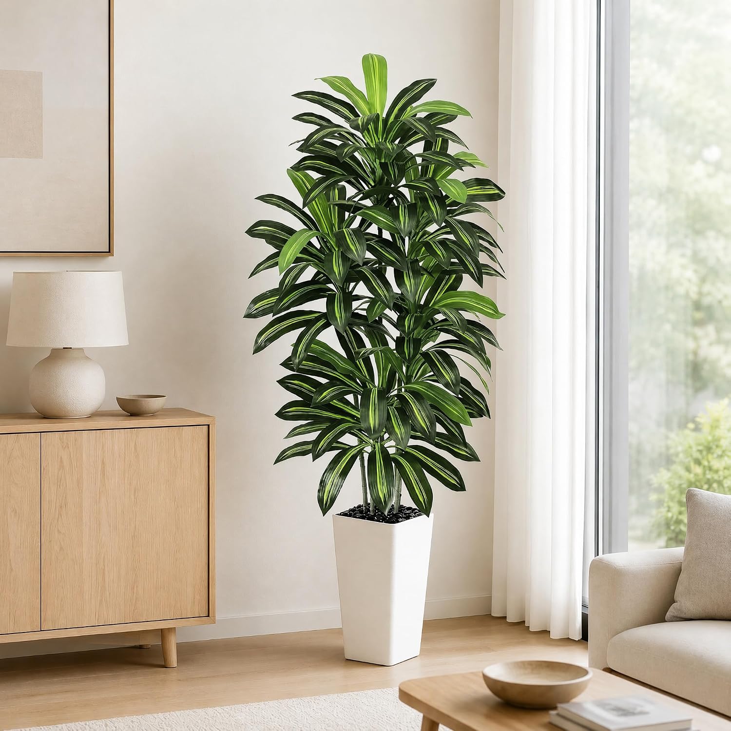 Artificial Dracaena Tree 6FT / White Planter, Tall Plants Indoor | Realistic Tropical Large Fake Trees, Faux Greenery Silk Floor Yucca Potted Trees for Home Office Living Room Bedroom Decor