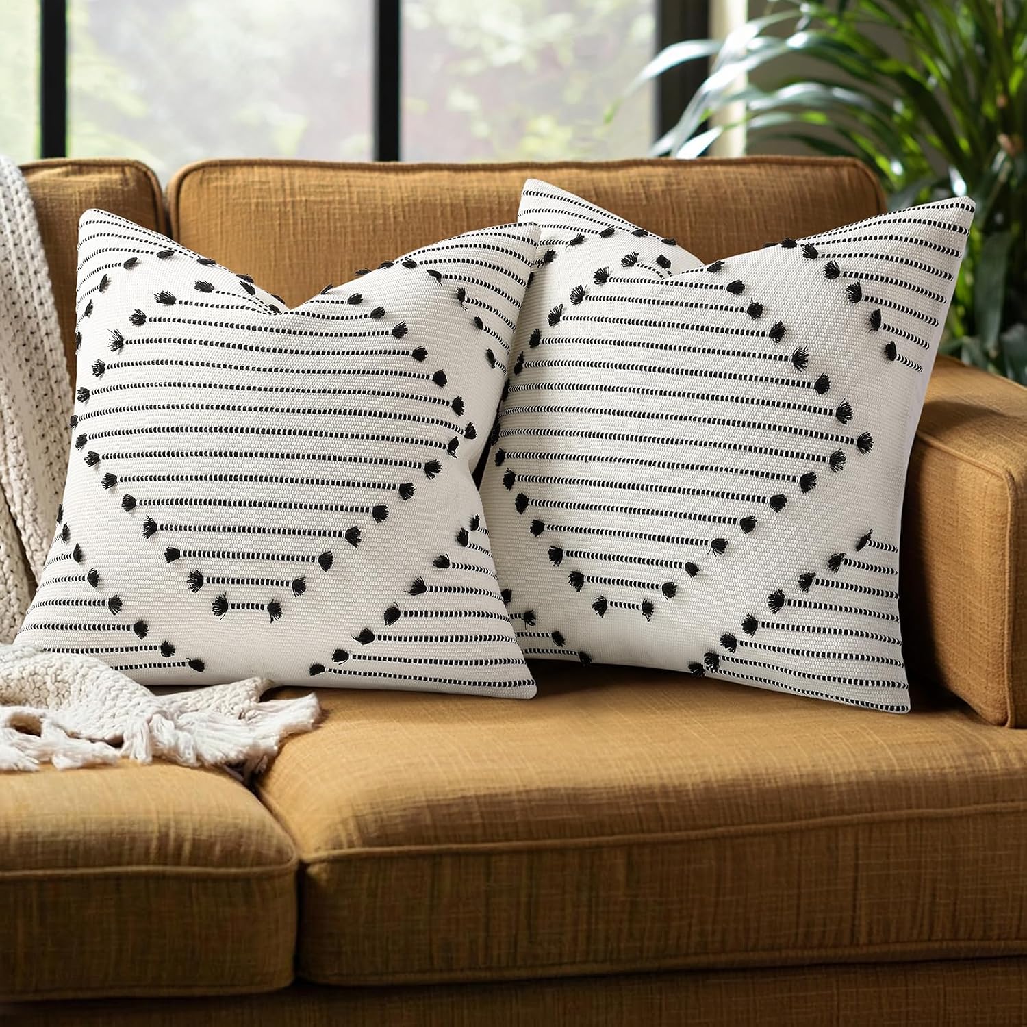 Mecatny Boho Summer Outdoor Throw Pillow Covers 18X18 Set of 2, Farmhouse Decorative Pillow Covers for Couch Sofa Living Room, Black & Cream White | Textured Stripe Design, Hidden Zipper, Farmhouse Accent Pillow Covers for Sofa Couch Patio Living Room, Neutral Home Décor