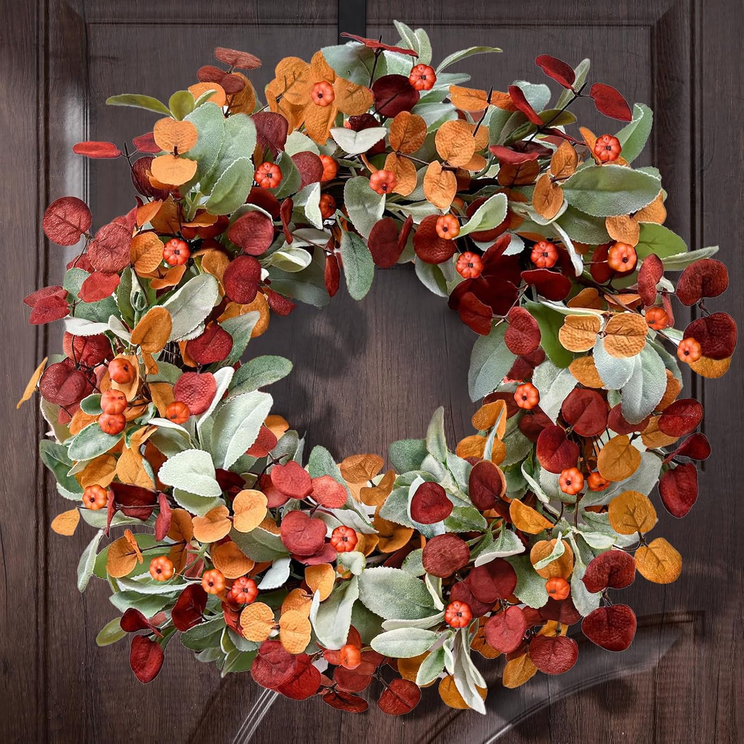 22” Fall Wreaths for Front Door, Autumn Door Wreath with Eucalyptus Leave | Thanksgiving Door Wreath with Lambs Ears Leaves Pumpkin for Harvest Halloween Farmhouse Home Outdoor Porch Indoor Decor