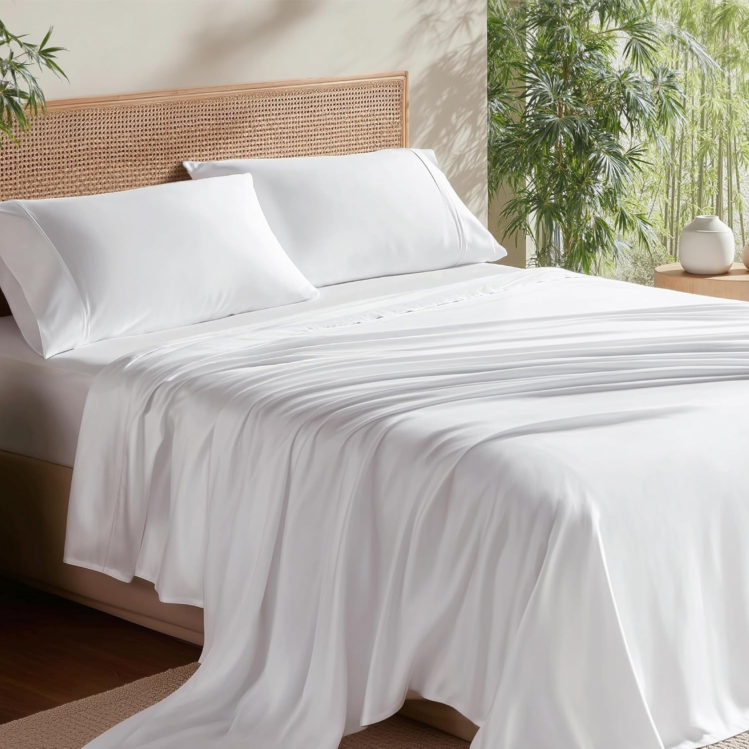 Bedsure PureWoven 100% Rayon Derived from Bamboo, Queen Sheets, 4 Pieces | Cooling Sheets for Hot Sleepers, Breathable & Silky Soft, 16″ Deep Pocket, Hotel Luxury Bedding, White
