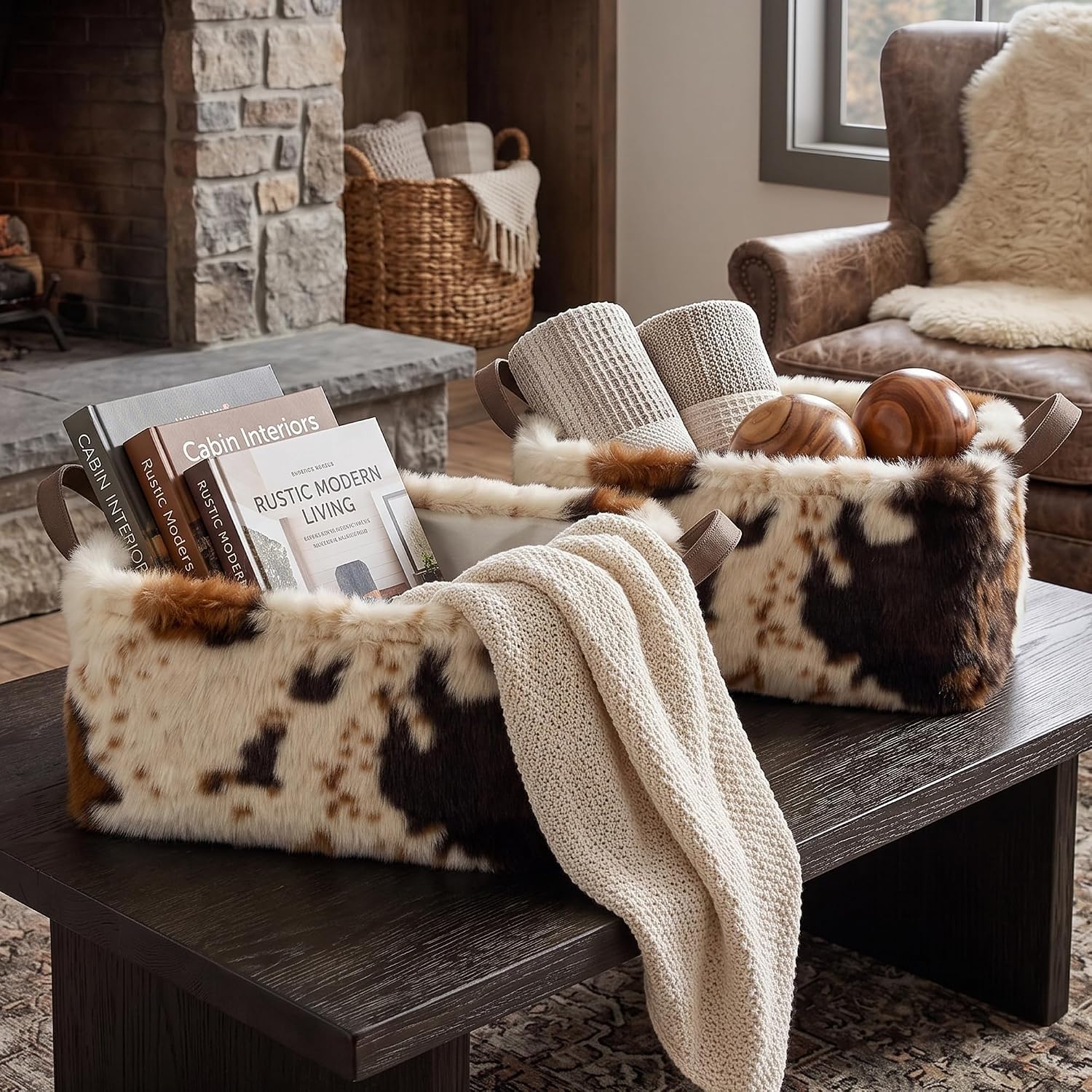 BBSET 2 Pcs Western Cow Print Storage Baskets Artificial Faux Fur Fluffy Fabric Organizer Bins with Handles Foldable Decorative Storage Cubes for Closet Bedroom Dresser Cosmetics Sundries