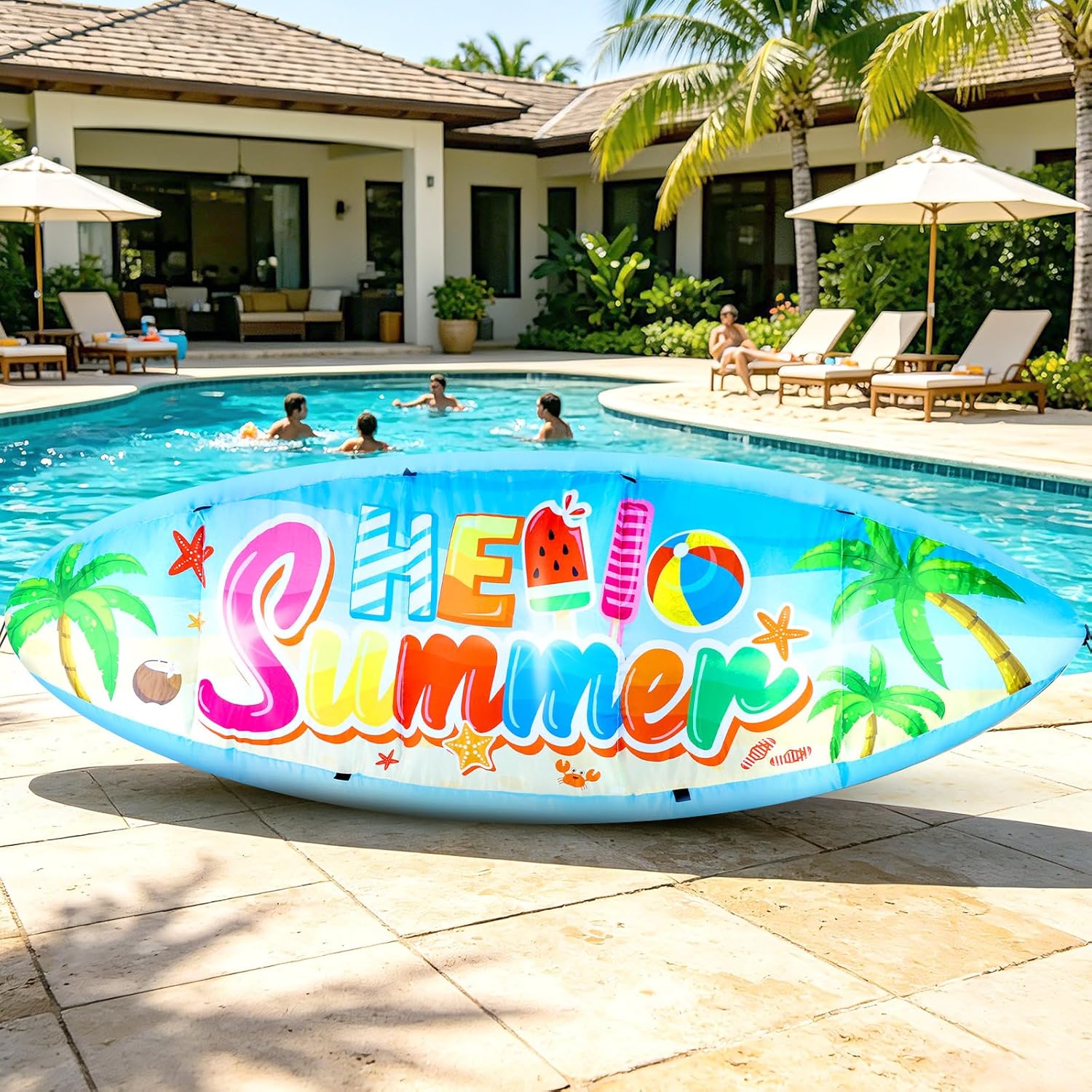 5FT Hello Summer Surfboard Inflatable Blow Up Decoration for Pool Beach | Yard Decor with Built-in 3 LED Lights, Summer Luau Party Supplies for Outdoor Holiday Garden Lawn Patio Tropical