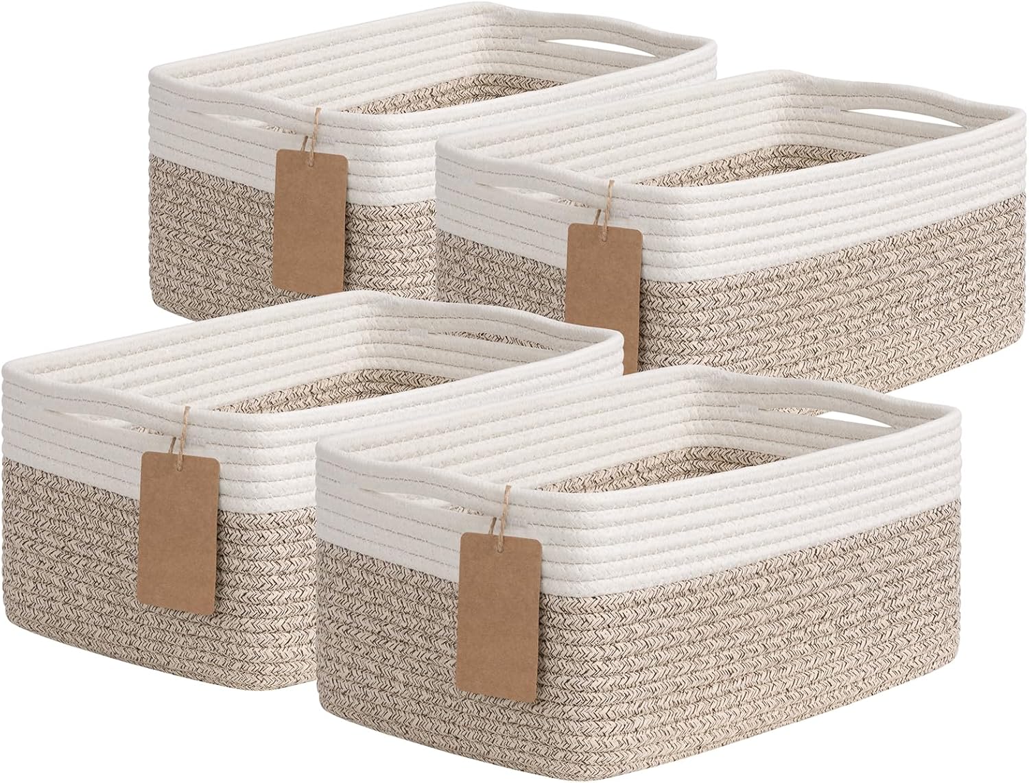 Goodpick 4 Pack Storage Baskets for Shelves, Rectangle Woven Baskets for Organizing, Cotton Rope Storage Bins for Baby Toys, Decorative Basket for Gifts, 13”L x 8”W x 6”H, Brown & White