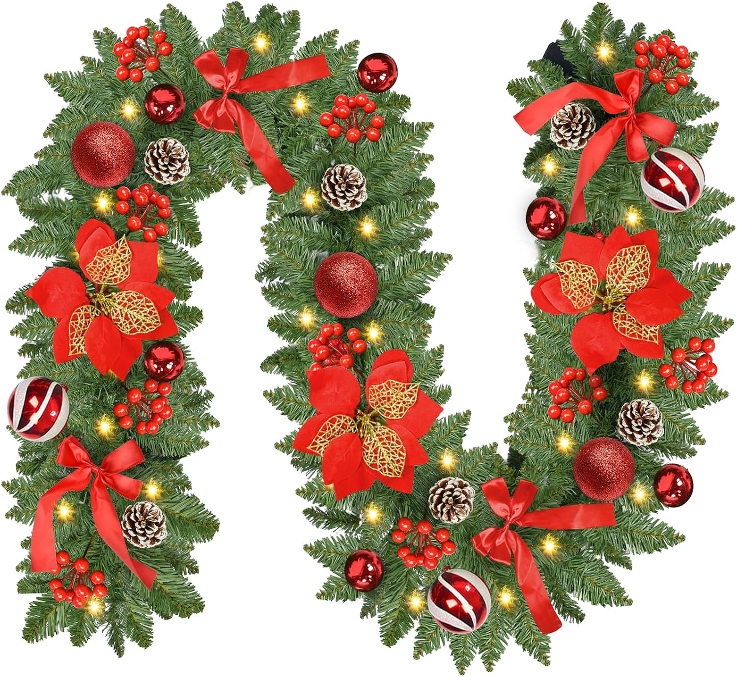 Christmas Garland with Lights, 9FT 30 LED Prelit Christmas Garland with Pinecones, Flowers, Bows, Outdoor Indoor Christmas Decorations Garland Battery Operated with Timer for Stairs,Mantel,Door,Window