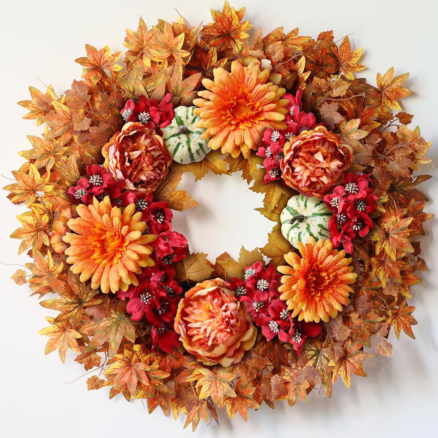 26″ Large Artificial Fall Wreath, Fake Maple Leaves Silk Flowers(Orange) | Fake Maple Leaves/Peony/Pumpkin/Autumn Flowers, for Porch Window Farmhouse Home Thanksgiving Day Harvest Festival Decor