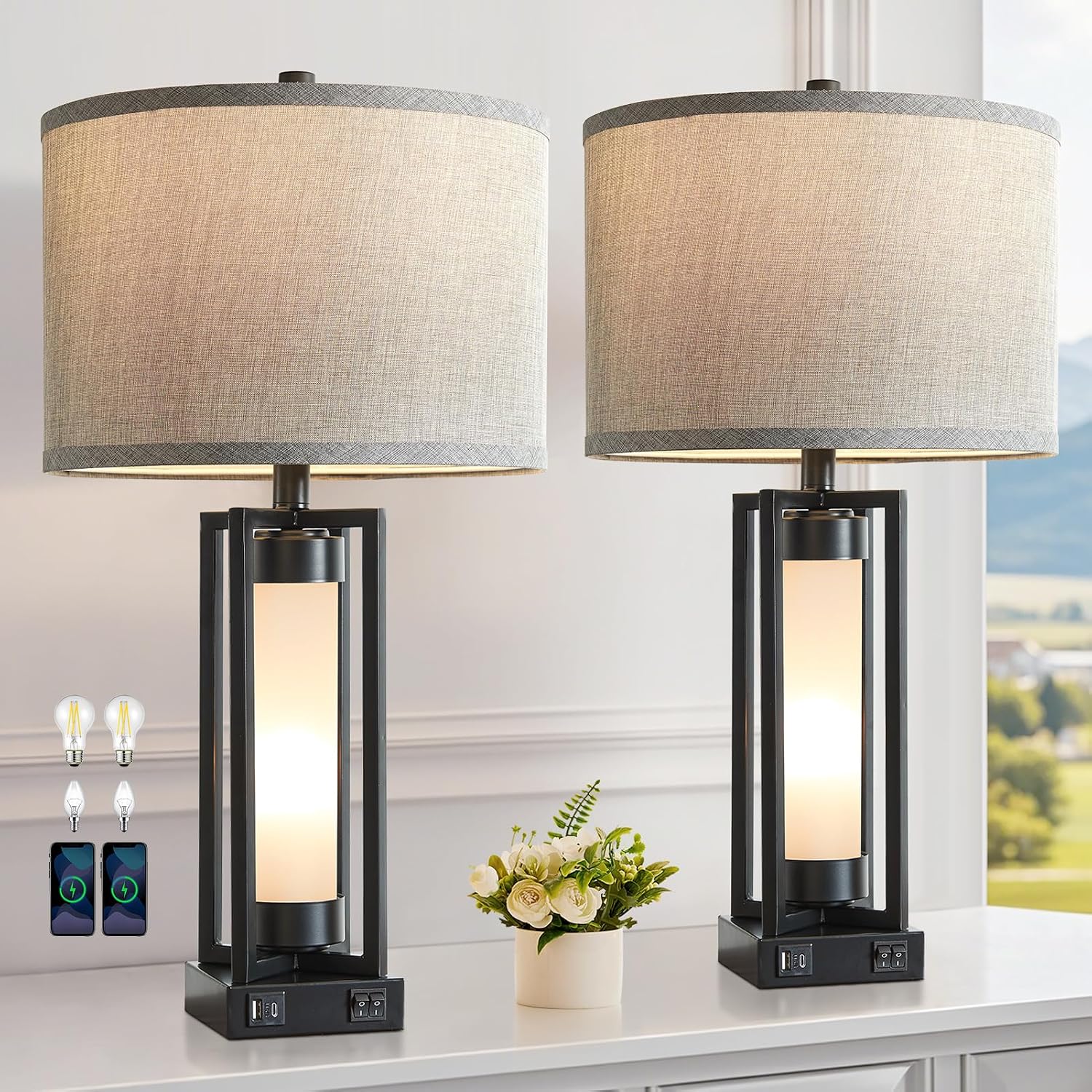 Set of 2 Modern Table Lamps for Living Room with USB C+A Ports | Rustic Nightstand Lamp with White Night Light, Retro Desk Lamp for Bedroom End Table Entryway, 4 Bulb Included (Black)