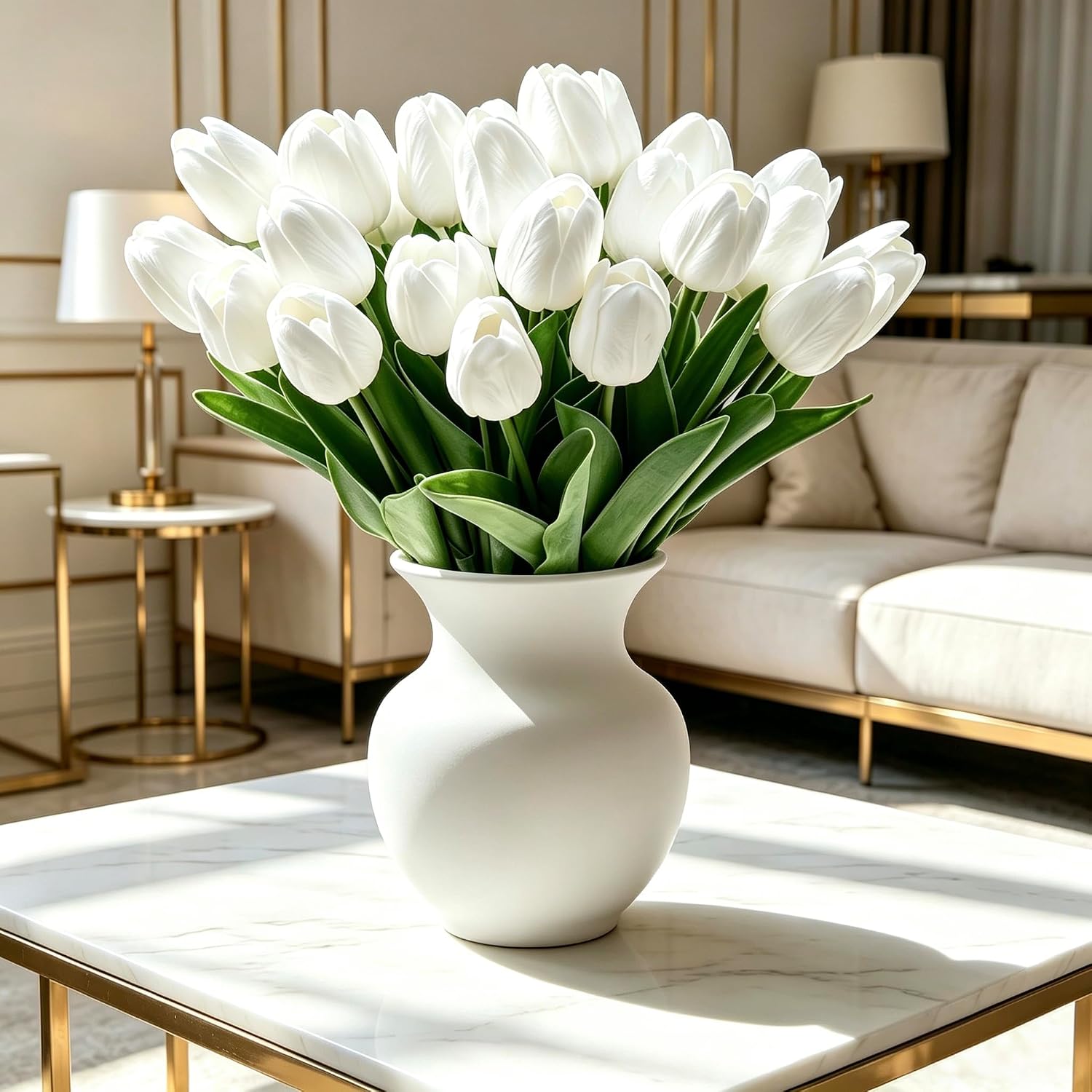 25Pcs Tulips Artificial Flowers, Faux Tulips Artificial Tulips Real Touch Tulip Fake Flowers Bouquets for Spring Wedding Home Kitchen Office Party Decor (White)